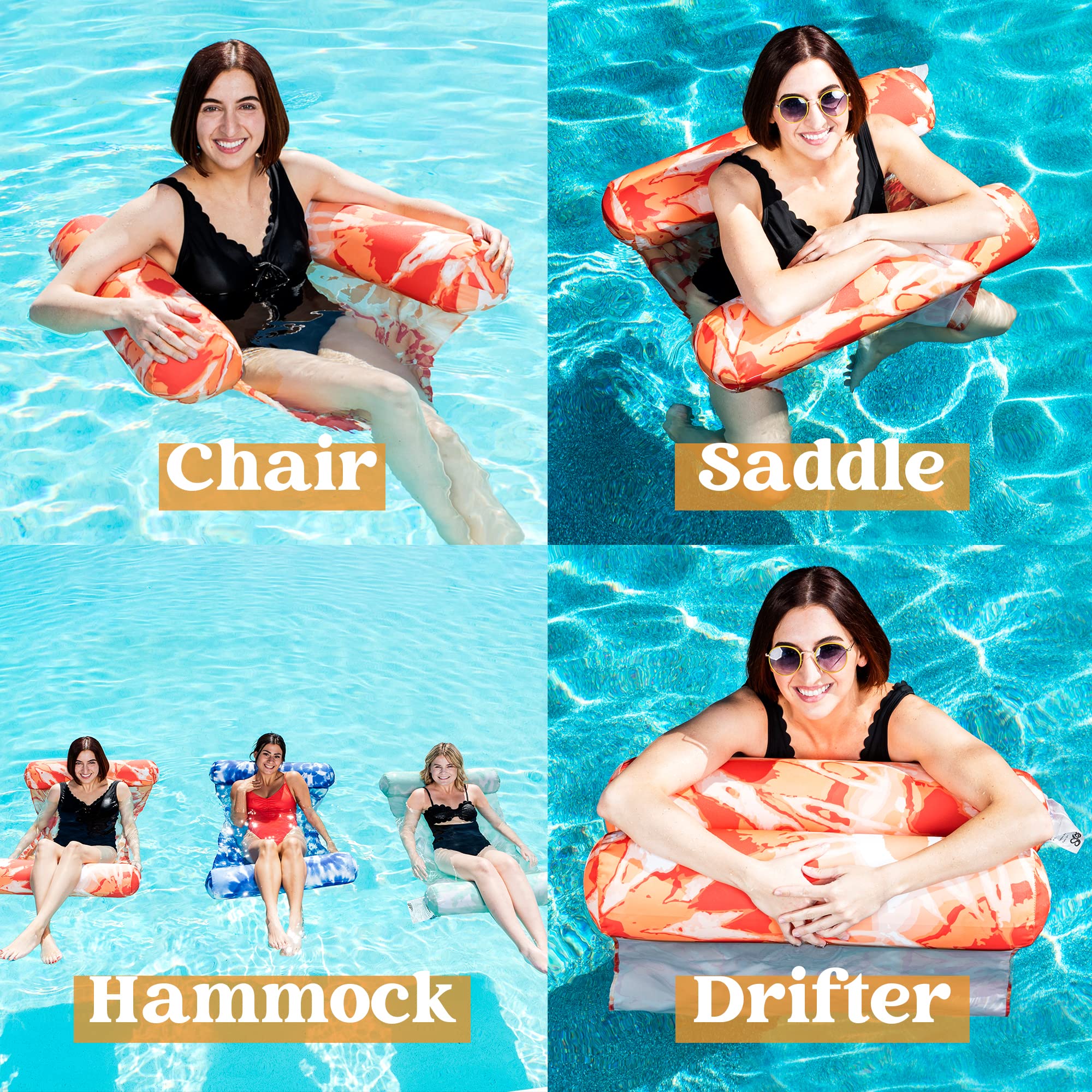 Sloosh 3 Pack 4-in-1 Inflatable Pool Floats - Water Hammock Lounges, Multi-Purpose Swimming Pool Accessories (Saddle, Lounge Chair, Drifter) for Adults & Kids - Perfect for Pool, Lake, Beach, Summer Relaxation & Outdoor Water Fun