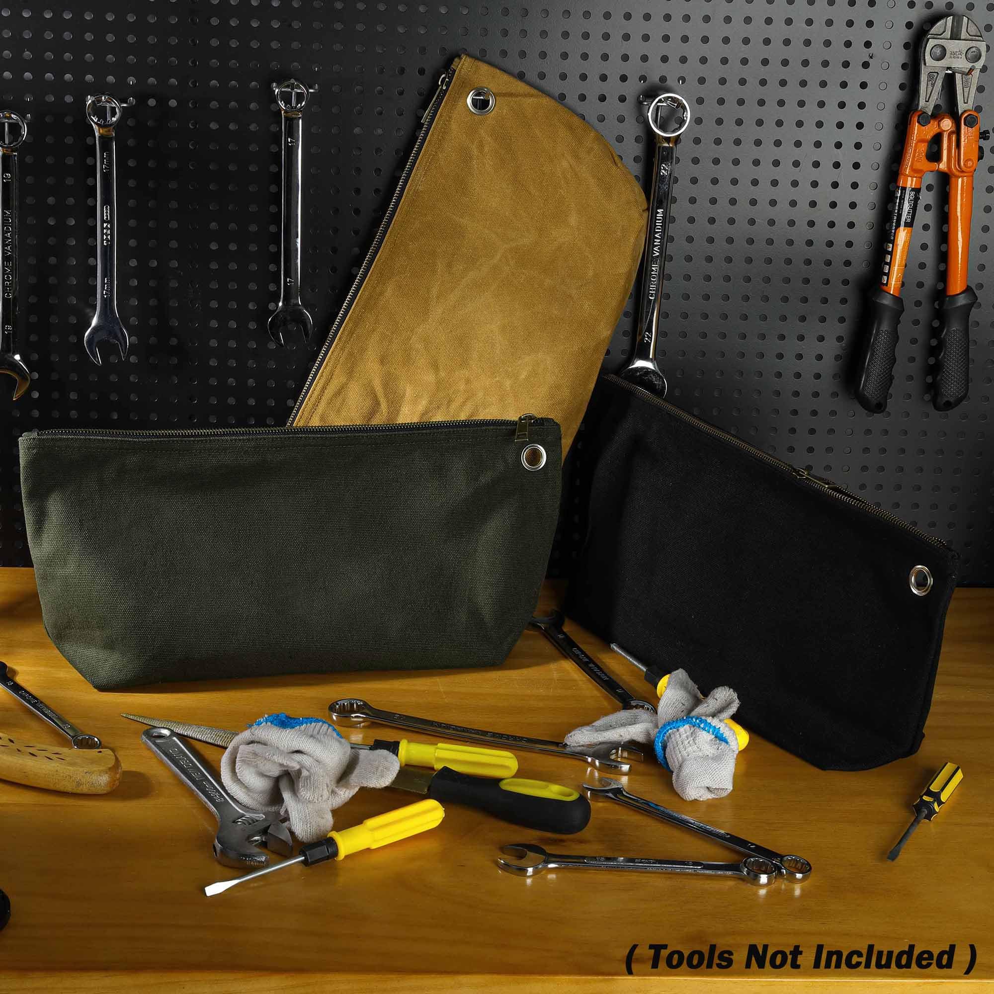 Durable 16OZ Waxed Canvas Tool Pouch Set - Standable One-Piece Tool Organizer with Brass Zipper & Grommet - Large 15.5