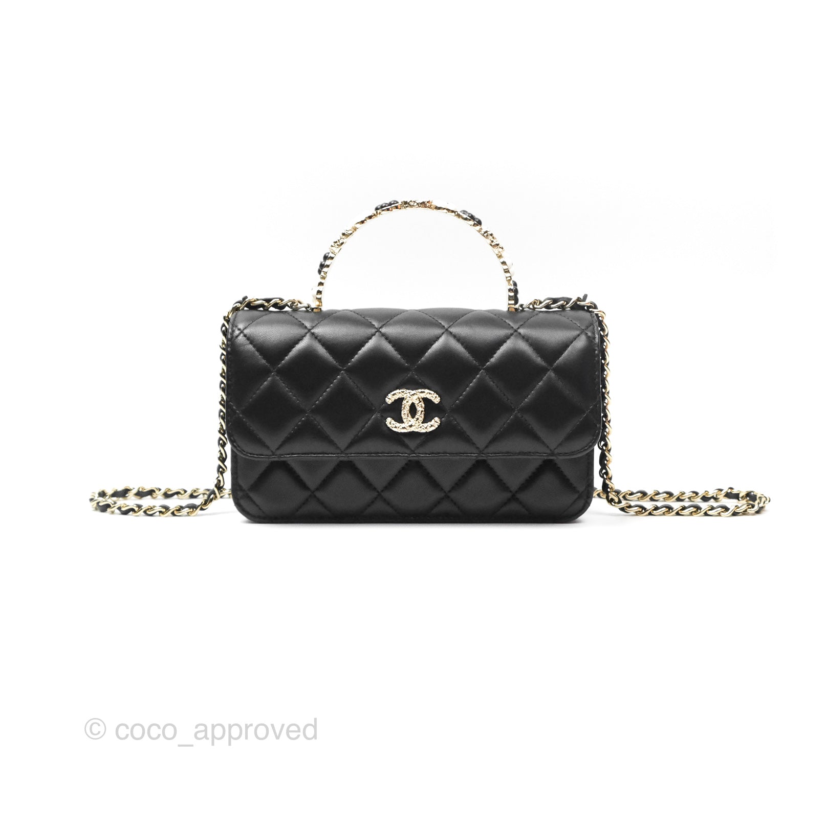 Chanel Camellia Handle Mini WOC Phone Holder Crossbody Bag with Chain - Black Lambskin Leather 23K Gold Hardware | Luxury Evening Out & Date Night Accessory