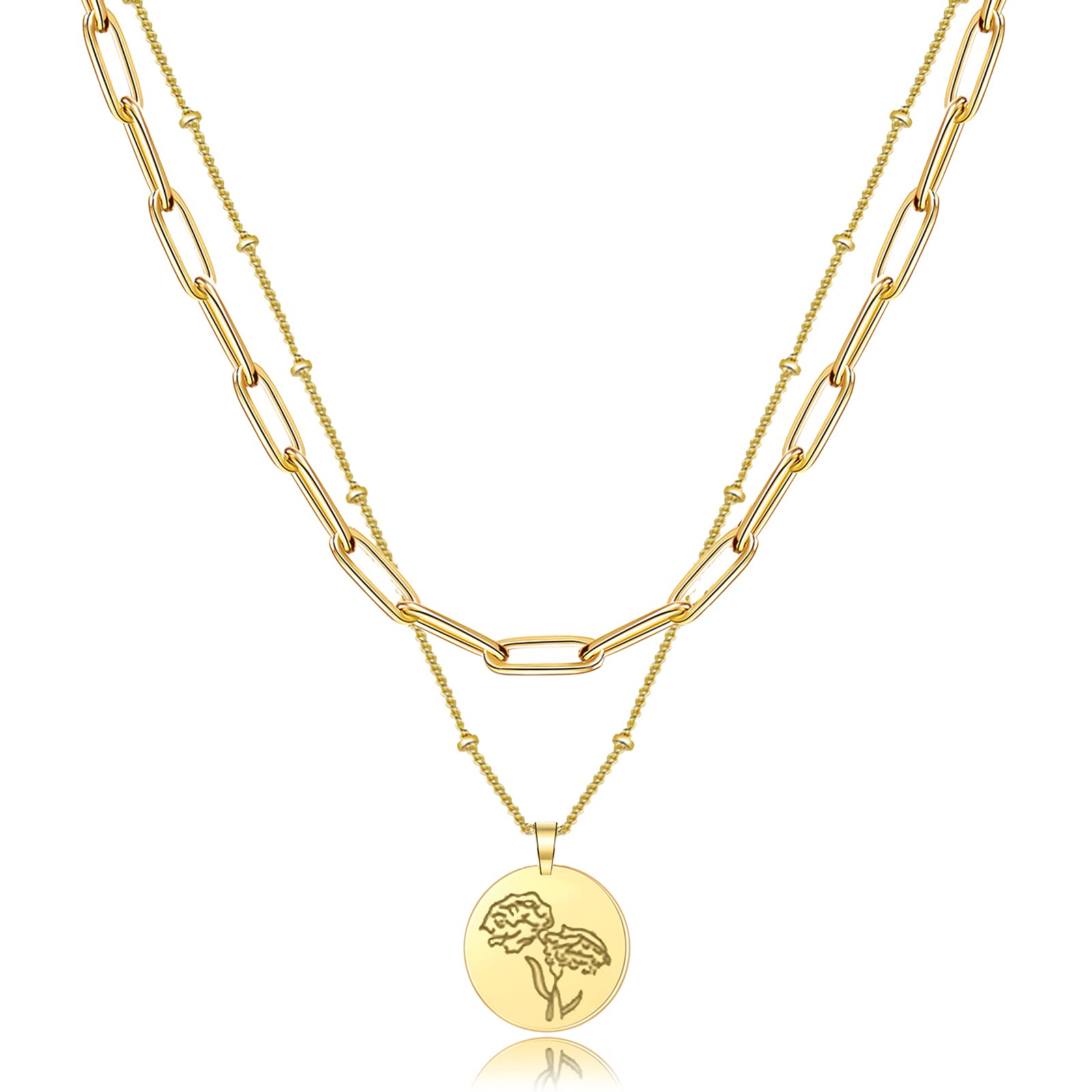 Birth Month Flower Necklace - Gold Layered Paperclip Link Chain Necklace for Women, Daffodil Necklace, March Birth Flower Jewelry - Perfect Birthday Gift for Her, Mother's Day Present, Anniversary Keepsake