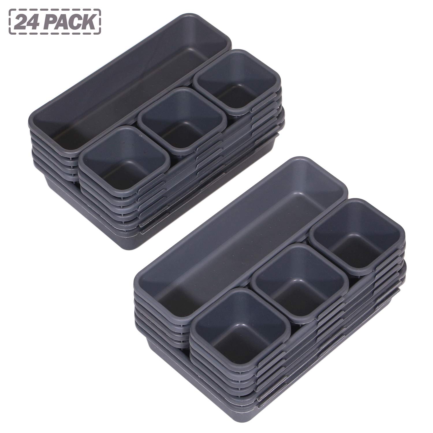 24-Piece Interlocking Plastic Drawer Organizer Set - Adjustable Tray Dividers for Shallow & Narrow Drawers | Kitchen, Bathroom, Office, Vanity & Bedroom Storage Solution | Perfect for Makeup, Utensils, Jewelry & Small Item Organization