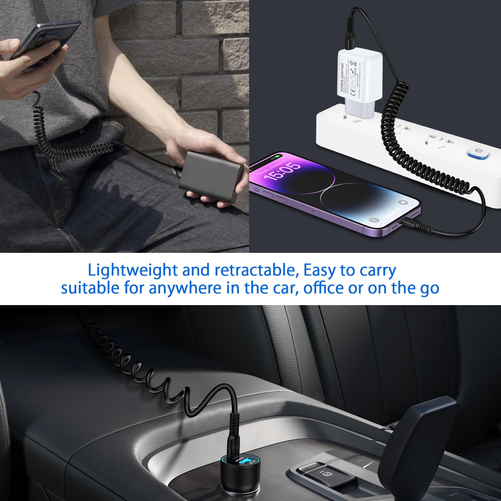 MFi Certified Coiled USB C to Lightning Cable - 3ft Short Retractable iPhone Car Charger for Apple CarPlay, Fast Charging & Data Sync Compatible with iPhone 14/13/12/11, iPad & iPod (Perfect for Cars, Travel & Home Use)