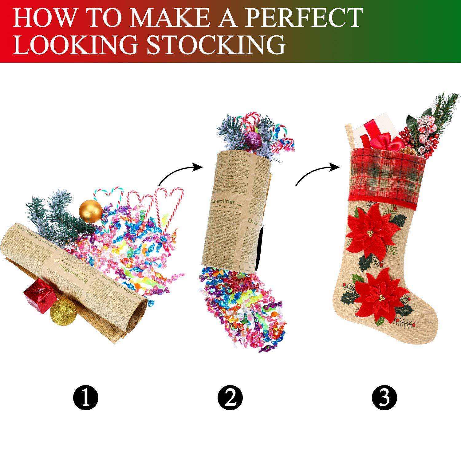 Skylety 4-Piece 18-Inch Plaid Burlap Christmas Stockings Set - Santa Claus & Holiday Flower Print Xmas Stockings for Fireplace Decor, Gift Exchange & Festive Home Decoration | Perfect for Christmas Tree, Mantel & Holiday Party Decorating
