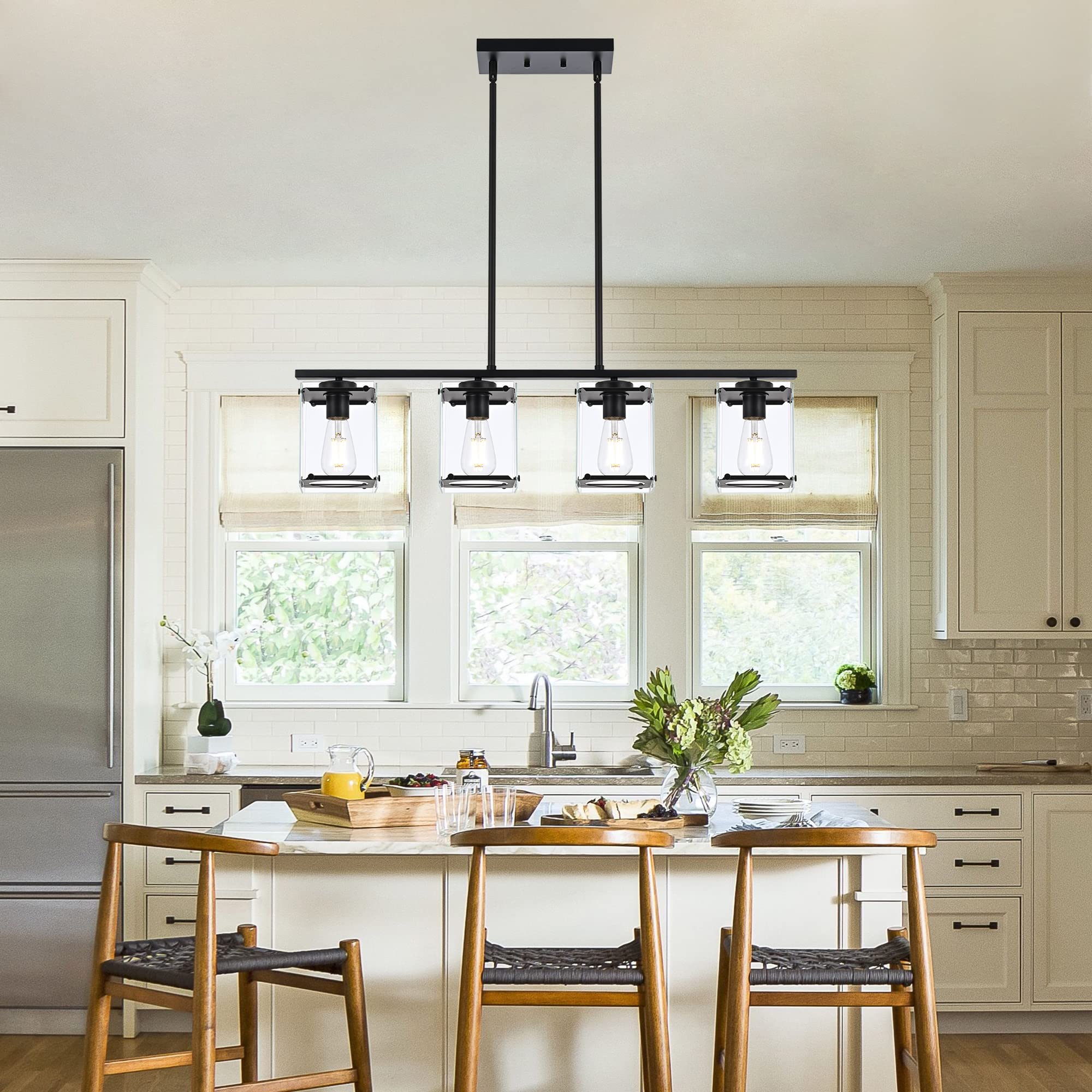 MELUCEE 4-Light Farmhouse Pendant Lighting - Matte Black Linear Chandelier with Clear Glass Shade for Kitchen Island, Dining Room, Foyer | Modern Rustic Home Decor Lighting Fixture