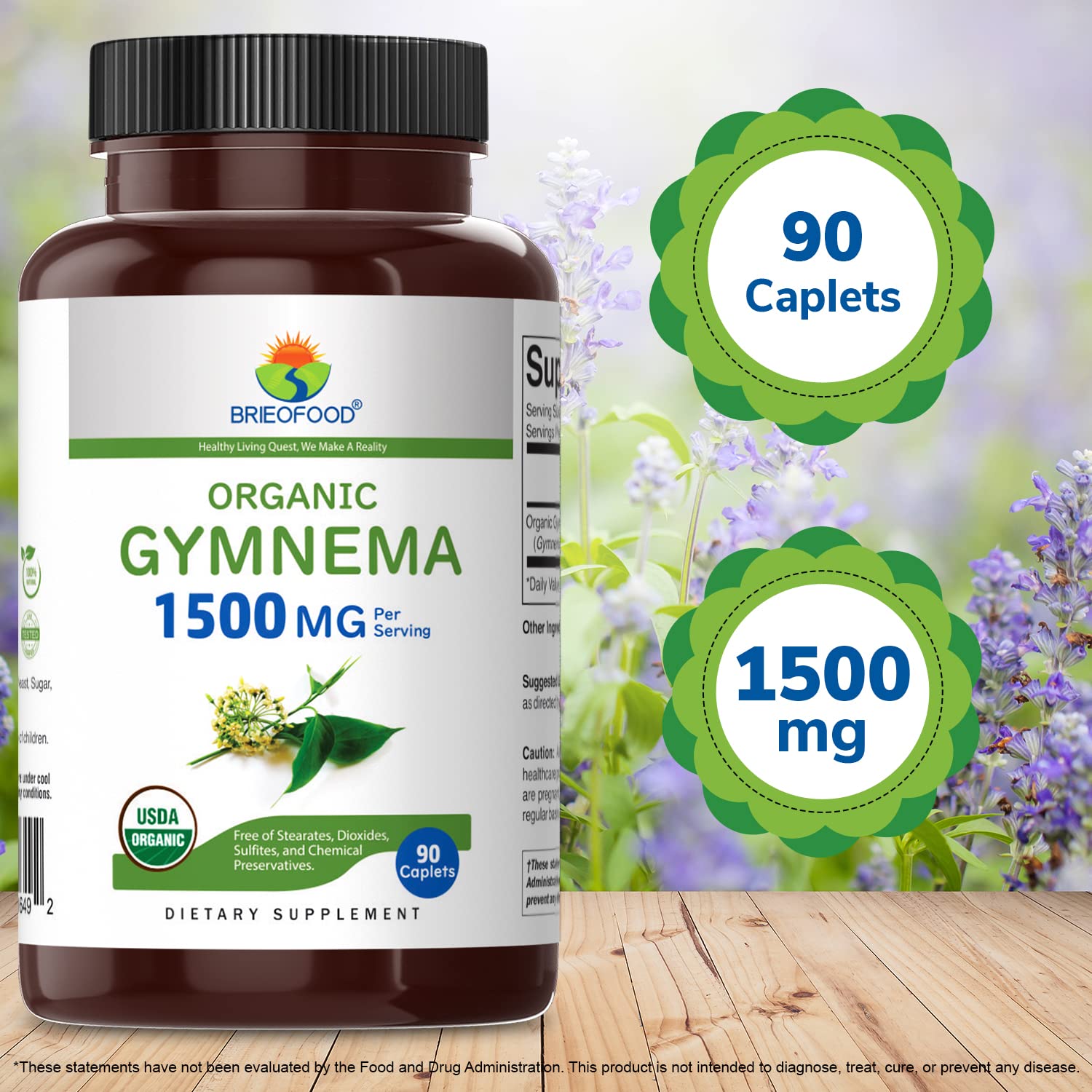 Brieofood Organic Gymnema 1500mg - 90 Vegetarian Tablets (45 Servings) | Gluten-Free, Vegan Supplement for Blood Sugar Support | Ideal for Diabetics & Weight Management