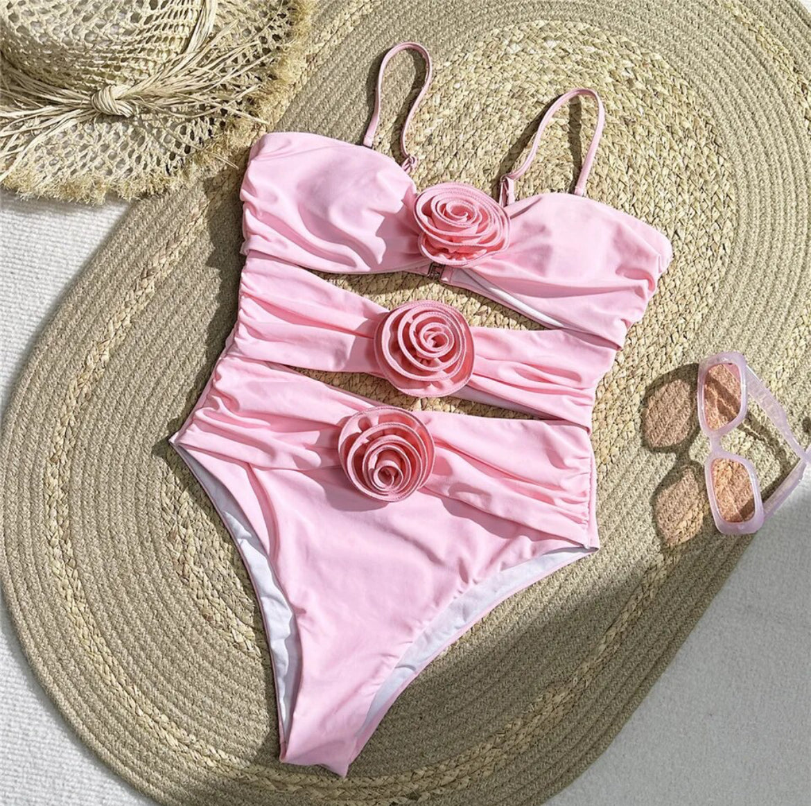 Pink Rosette One Piece Swimsuit for Women - Floral Print Bathing Suit with Ruffles, High Waist Retro Swimwear for Beach, Pool, Vacation
