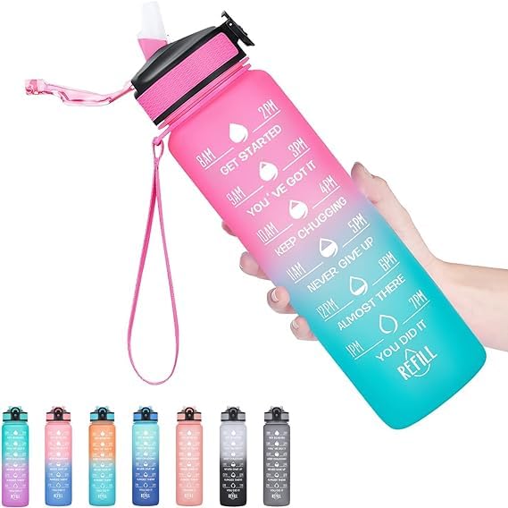 1000ML Leakproof BPA Free Water Bottle with Time Marker, Straw & Handle - Ideal for Gym, Outdoor Sports, Hiking & Fitness - Multicolor