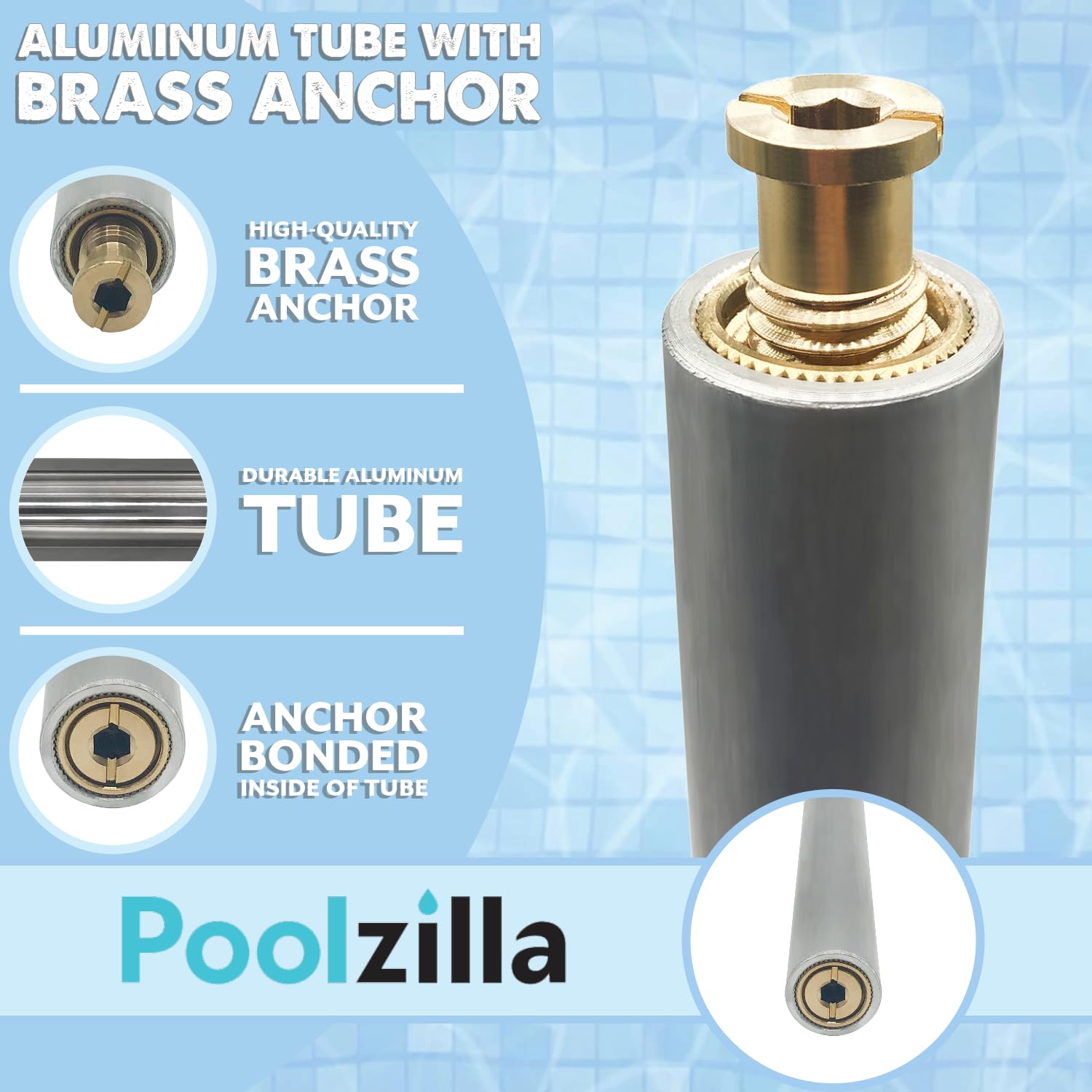 Poolzilla 10-Pack 18-Inch Aluminum Tube with Brass Anchor for Pool Safety Cover Installation - Heavy Duty Anchors for Loose Ground or Paver Applications - Extra Long Pool Cover Hardware (Perfect for Inground Pools, Concrete Decks & Landscaped Yards)