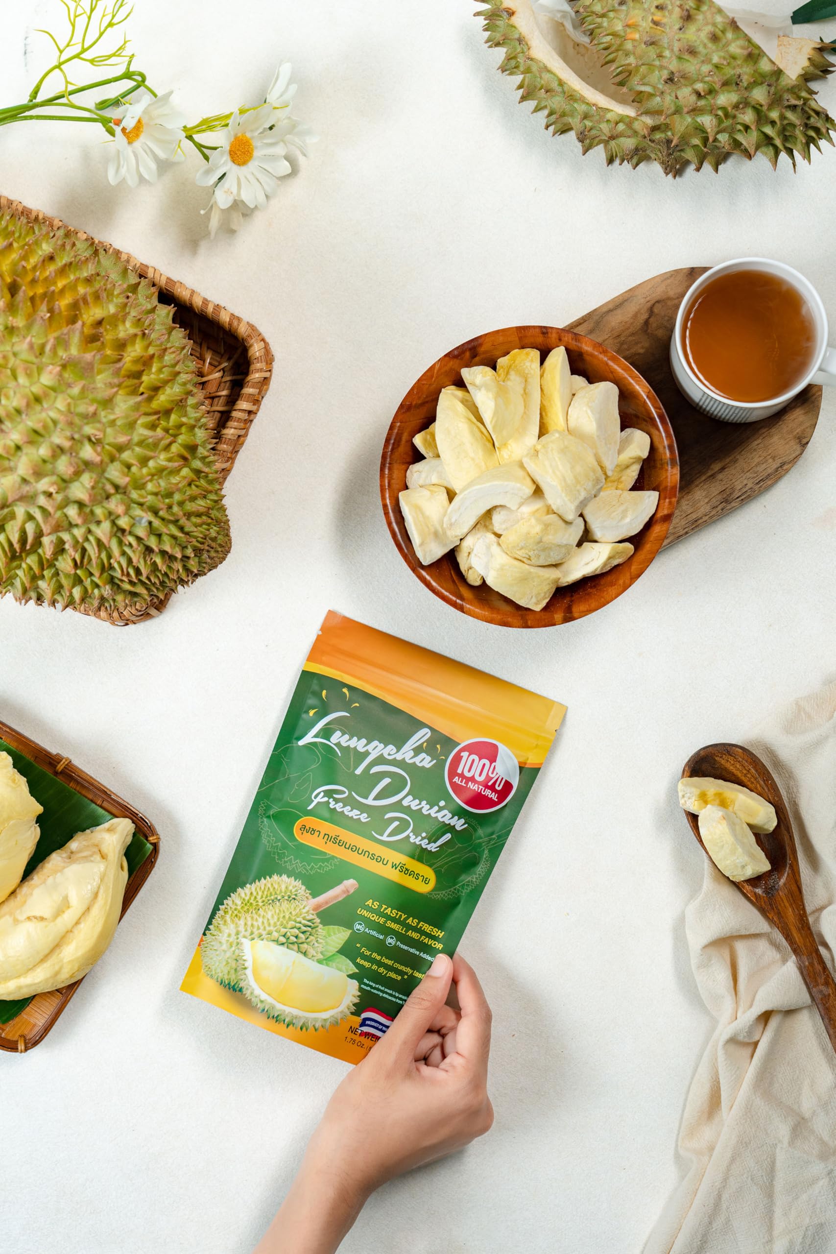 Freeze Dried Durian Pure Premium King of Thai Fruit - Natural Real Fruit Snack, No Sugar & No Preservatives, 1.75oz/Bag (1 Pack) - Perfect for Healthy Snacking, Travel & Gourmet Gifts