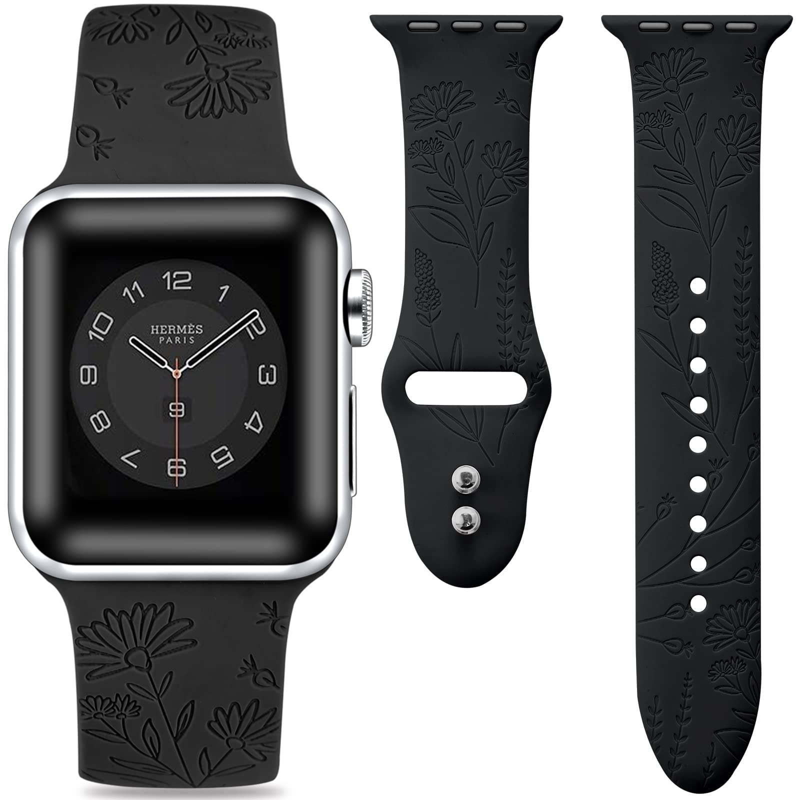 DMMG Floral Engraved Sport Band for Apple Watch 38/40/41/42/44/45mm - Soft Silicone Replacement Strap Compatible with Series 8/7/6/5/4/3/2/1/SE - Cute Dressy Wristband for Women, Perfect for Workouts, Office & Everyday Fashion