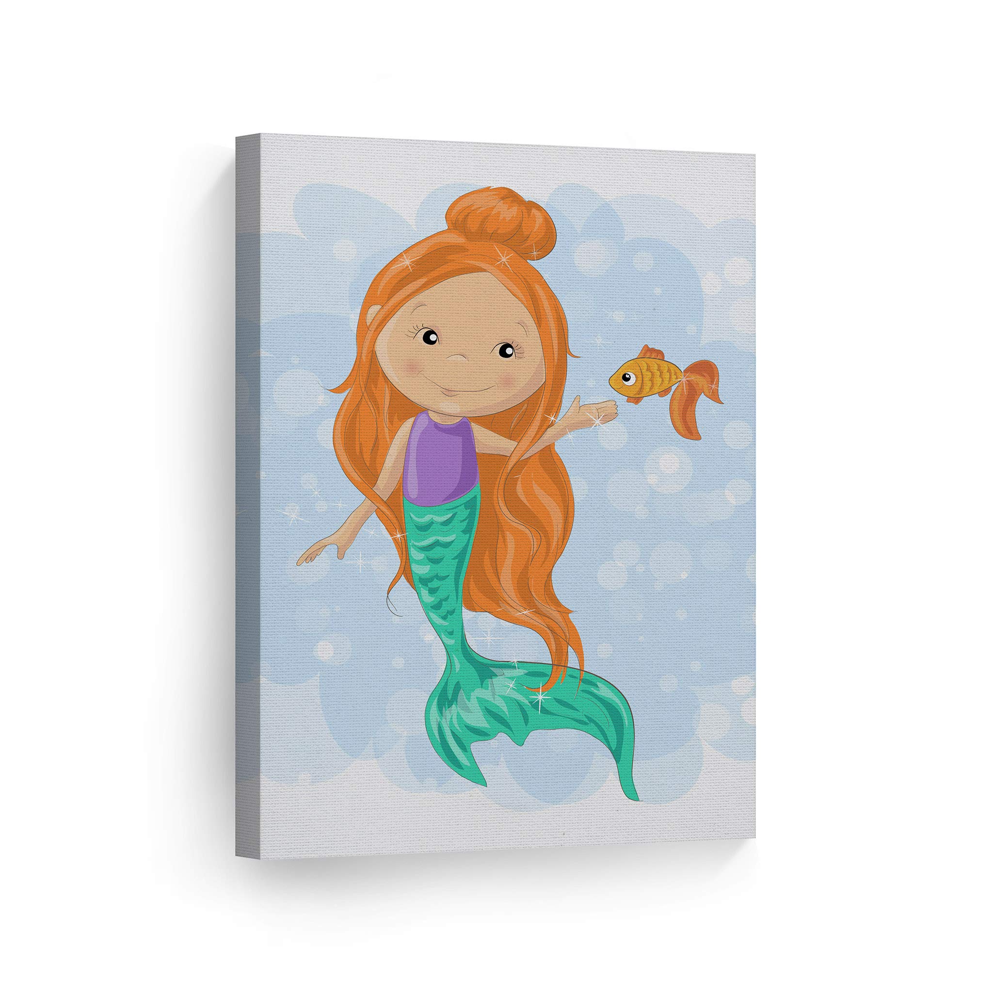 Cute Mermaid Canvas Print - Smile Art Design Kids Room Decor, Nursery Wall Art with Fish & White Background, Ready to Hang (36x24) - Perfect for Baby Rooms, Playrooms & Under-the-Sea Themed Decor | Made in USA