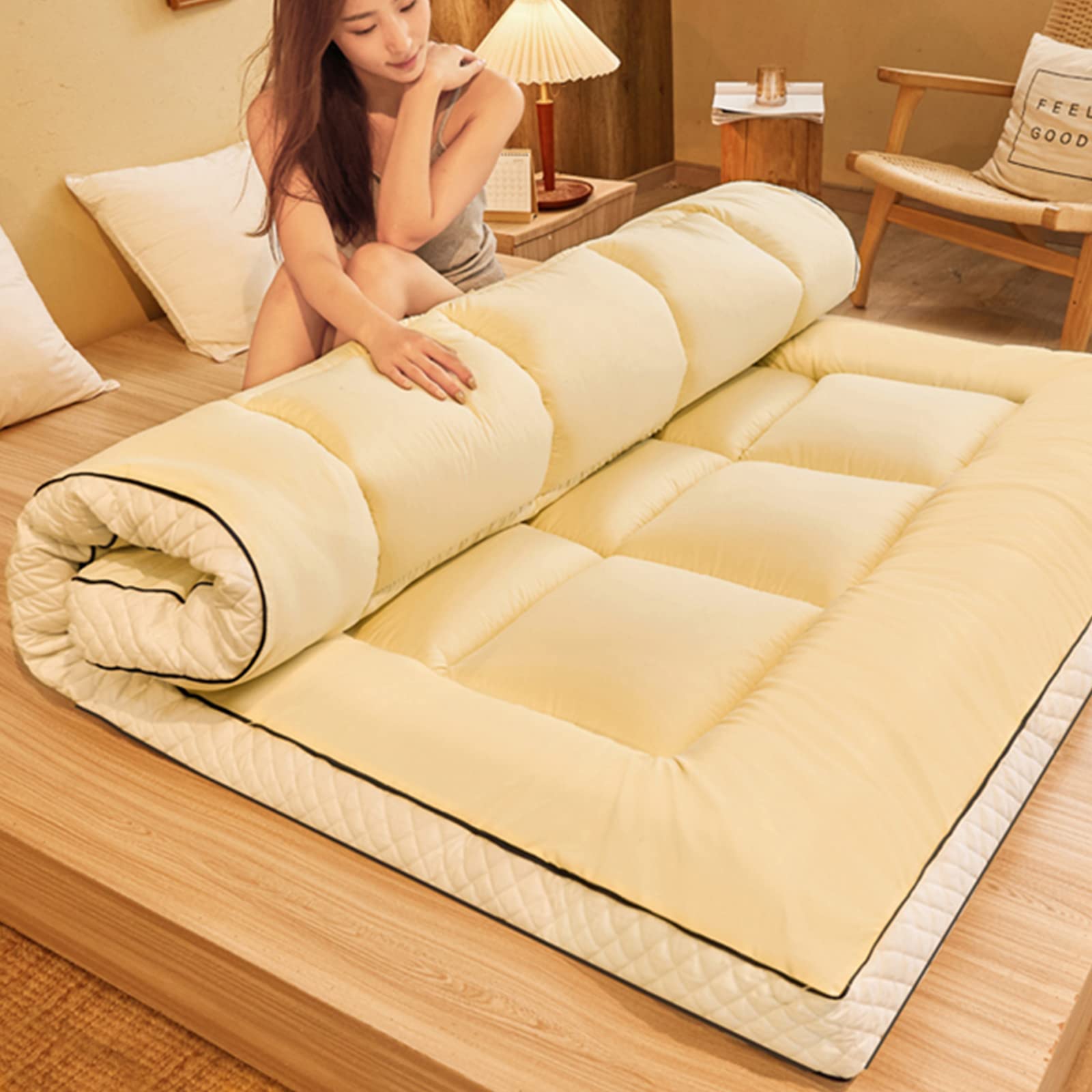 Japanese Futon Mattress - Thick Roll-Up Quilted Floor Mattress for Winter, Portable Folding Tatami Sleeping Pad - 90x200cm (35x79inch) Yellow - Ideal for Camping, Guest Beds, Couches & Small Spaces