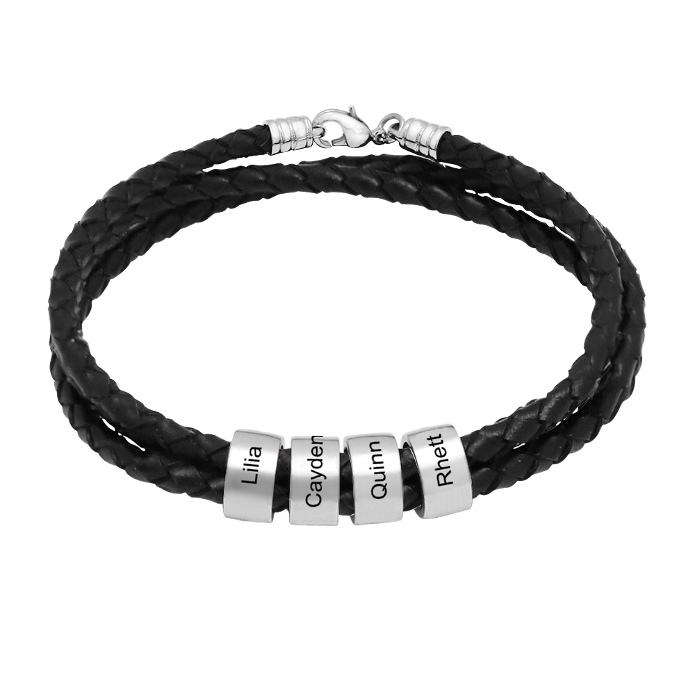 Personalized Engraved Braided Leather Beaded Bracelet - Custom Name Bangle for Women & Men - Perfect for Gifts, Anniversaries, and Everyday Wear