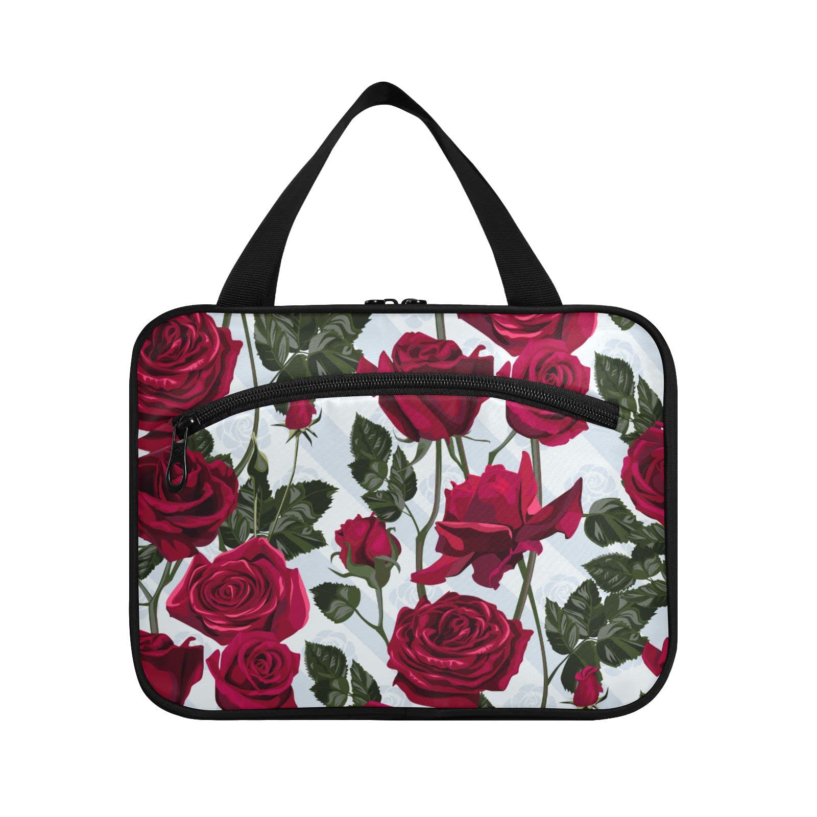 Red Rose Travel Toiletry Bag for Women - Large Hanging Cosmetic Organizer with Hook | Perfect for Makeup Storage, Bathroom Organization & Vacation Essentials