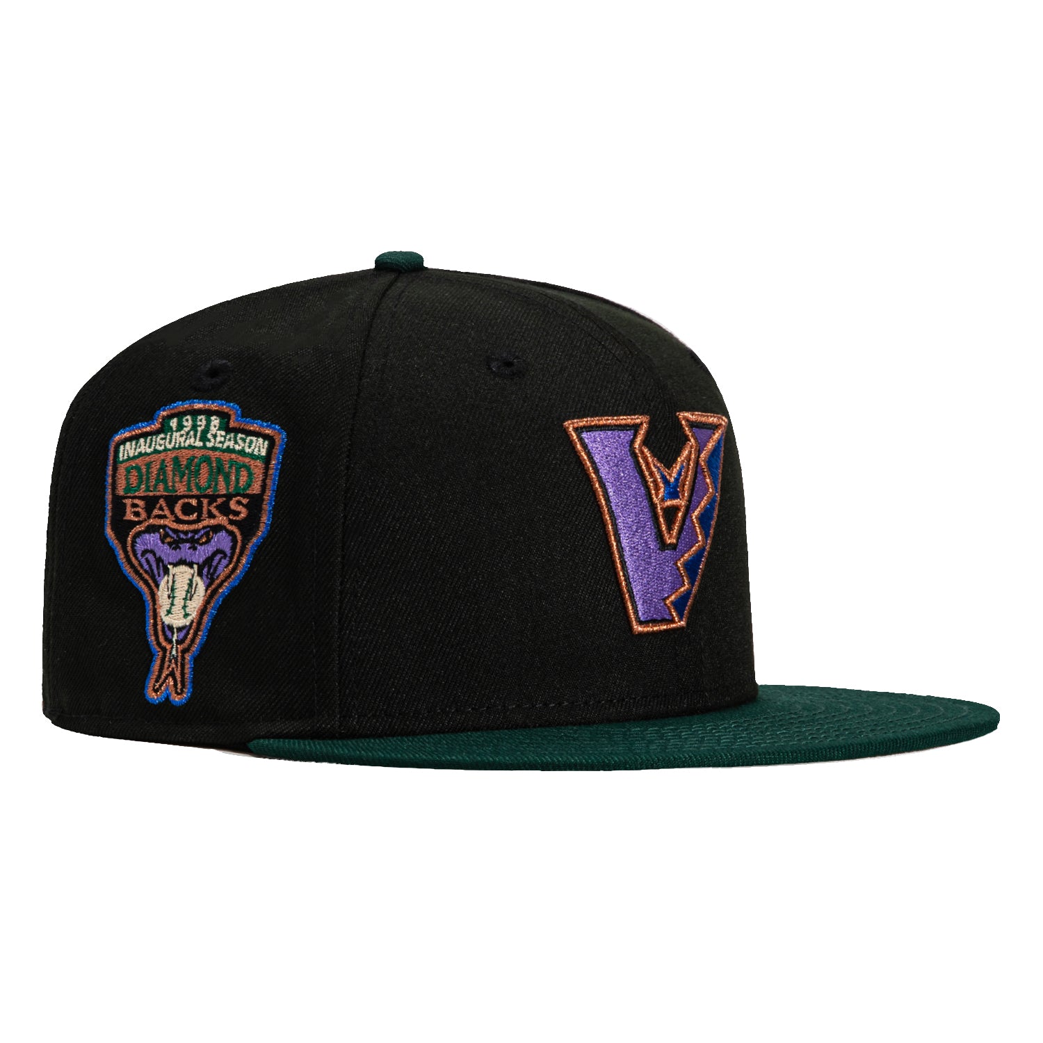New Era 59Fifty Arizona Diamondbacks Inaugural Patch Upside Down Snapback Hat - Black, Green, Purple, Royal - Perfect for Baseball Games, Fan Collections & Streetwear Fashion