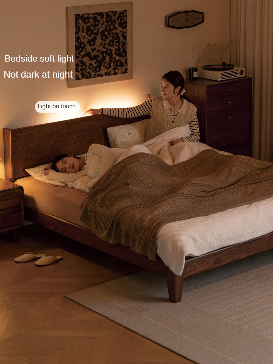 Solid Oak Wood Modern Bed Frame with LED Night Lights in Walnut Finish - Perfect for Bedroom Decor and Cozy Nighttime Ambiance