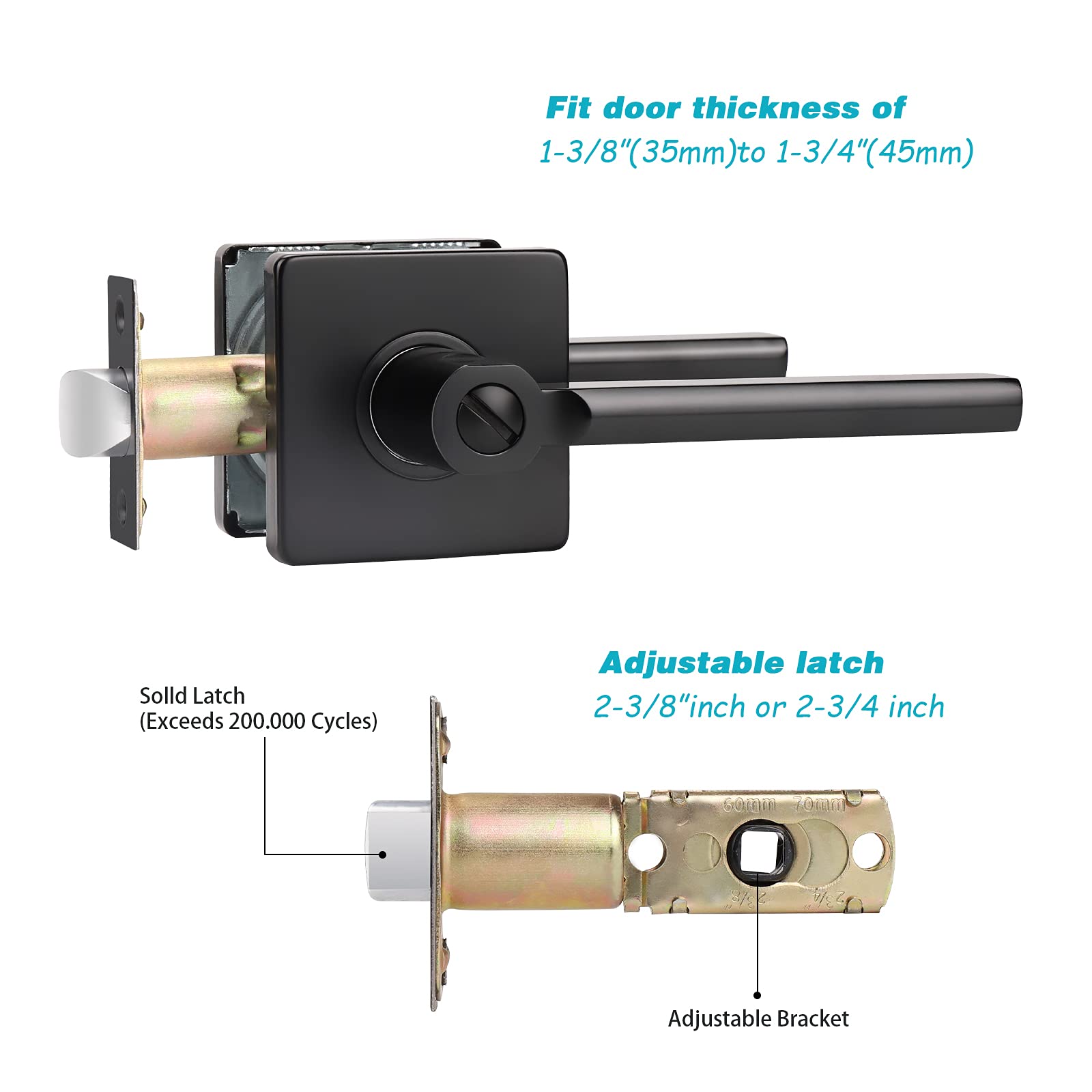 KNOBWELL 3 Pack Modern Square Interior Door Knobs - Matte Black Bedroom & Bathroom Door Handles with Lock, Reversible for Left/Right Hanging - Perfect for Home, Office, and Commercial Spaces