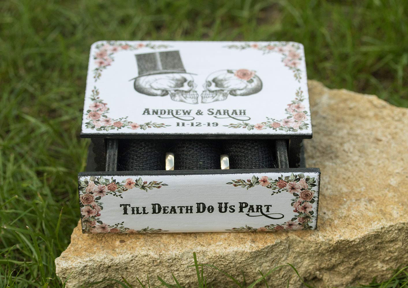 Gothic Skull Ring Box - Personalized Black Wedding Ring Holder for Halloween, Day of the Dead & Gothic Weddings - Unique Engagement Ring Box for Dark Romance & Alternative Couples