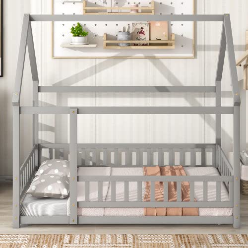 Full Size Wooden Bed Frame with Roof and Guardrails - Easy Assembly House Bed for Kids, Teens, Boys & Girls (White) | Perfect for Bedroom, Playroom, and Kids' Sleep Safety