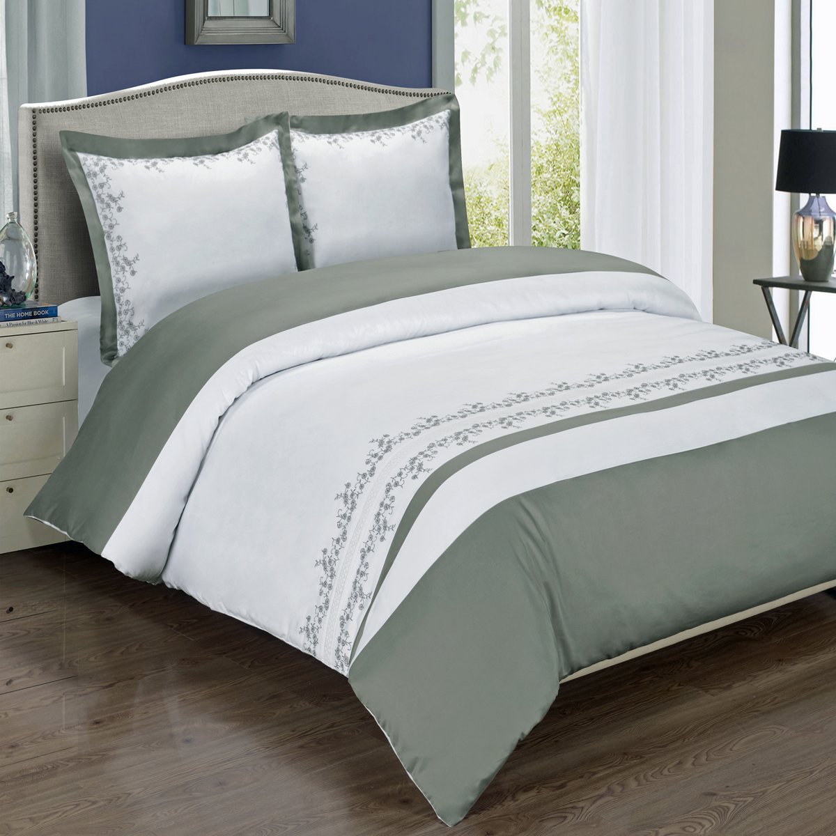 Luxury Grey and White Embroidered Amalia 3-Piece King/Cal King Duvet Cover Set - 100% Cotton with Hidden Button Closure - Elegant Bedroom Decor for Master Suite or Guest Room
