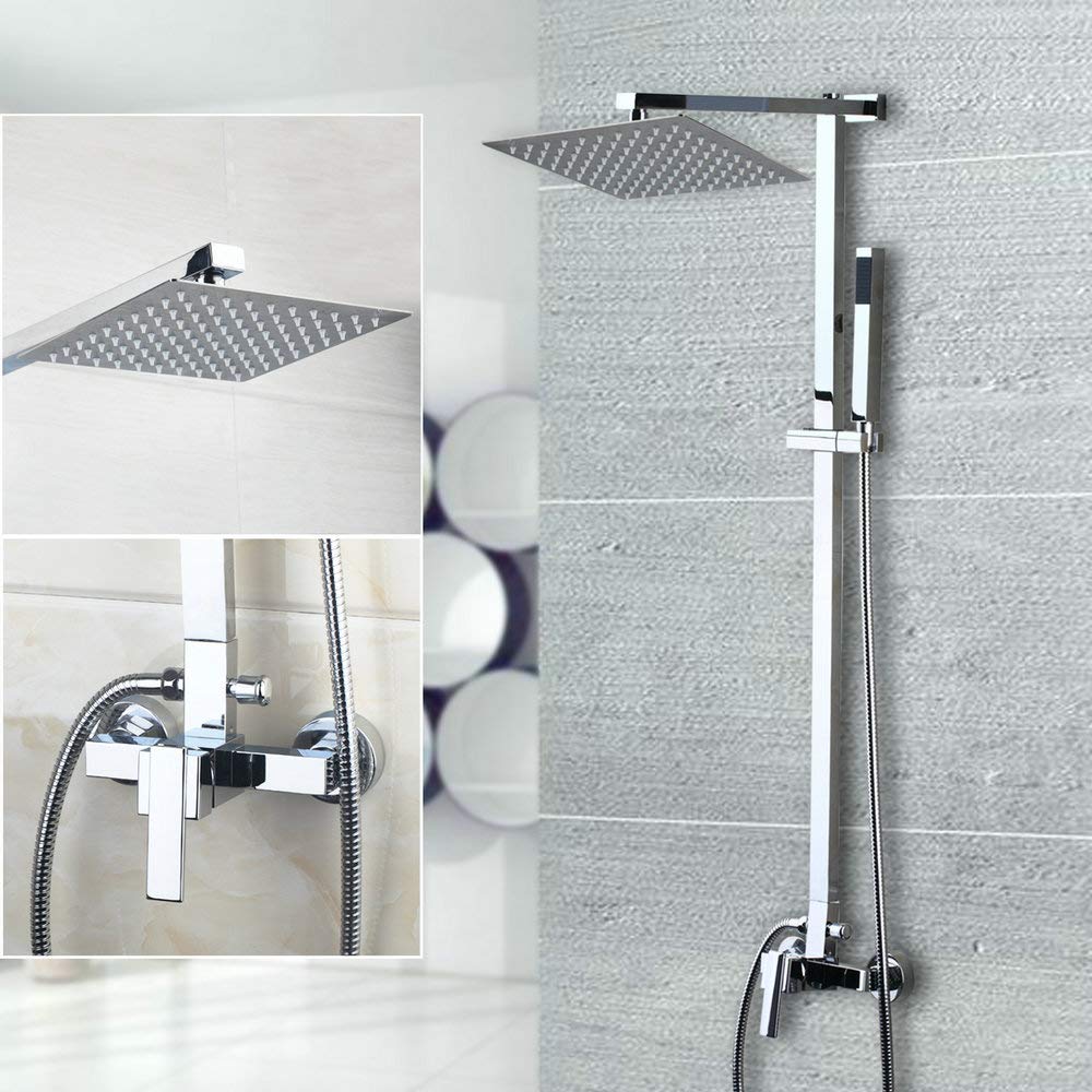 8 Inch Chrome Brass Bathroom Shower Set - Wall Mounted Square Stainless Steel Water Saving Faucet for Modern Bathrooms | Ultra-Thin Design for Space Saving | Perfect for Small Bathrooms & Luxury Showers