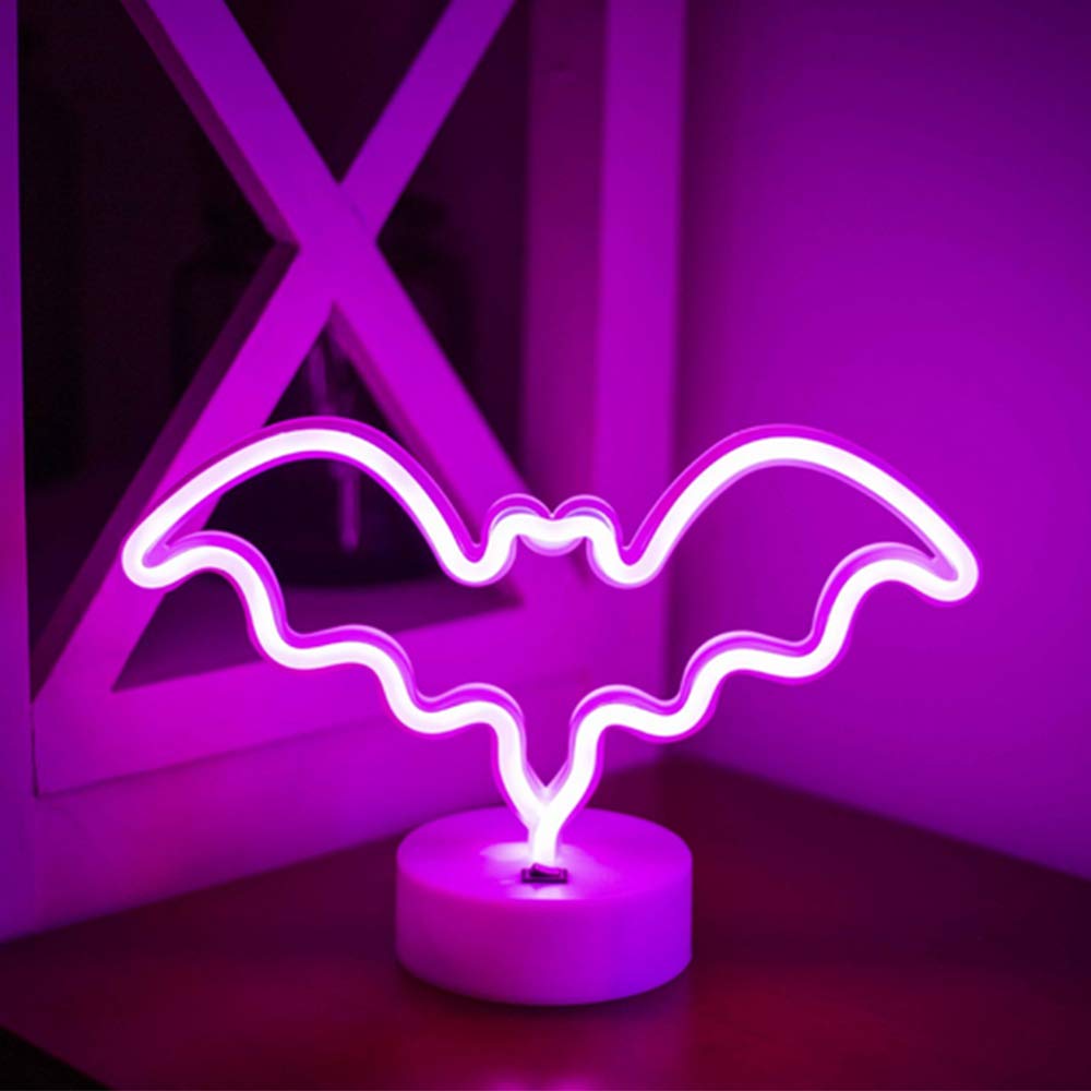 ENUOLI Pink Bat Neon Light - LED Cute Bat-Shaped Night Light with USB/Battery Power & Base Stand - Bright Table Lamp for Kids Room, Living Room, Wedding & Birthday Party Decor - Perfect for Halloween, Nursery Lighting & Gift Giving