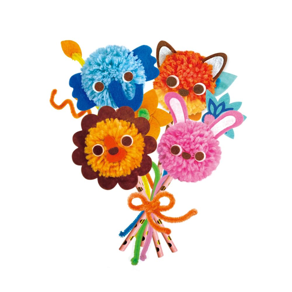 Avenir Fluffy Pom Pom Animal Bouquet - Adorable Plush Stuffed Animals Gift for Kids, Birthday, Baby Shower & Home Decor