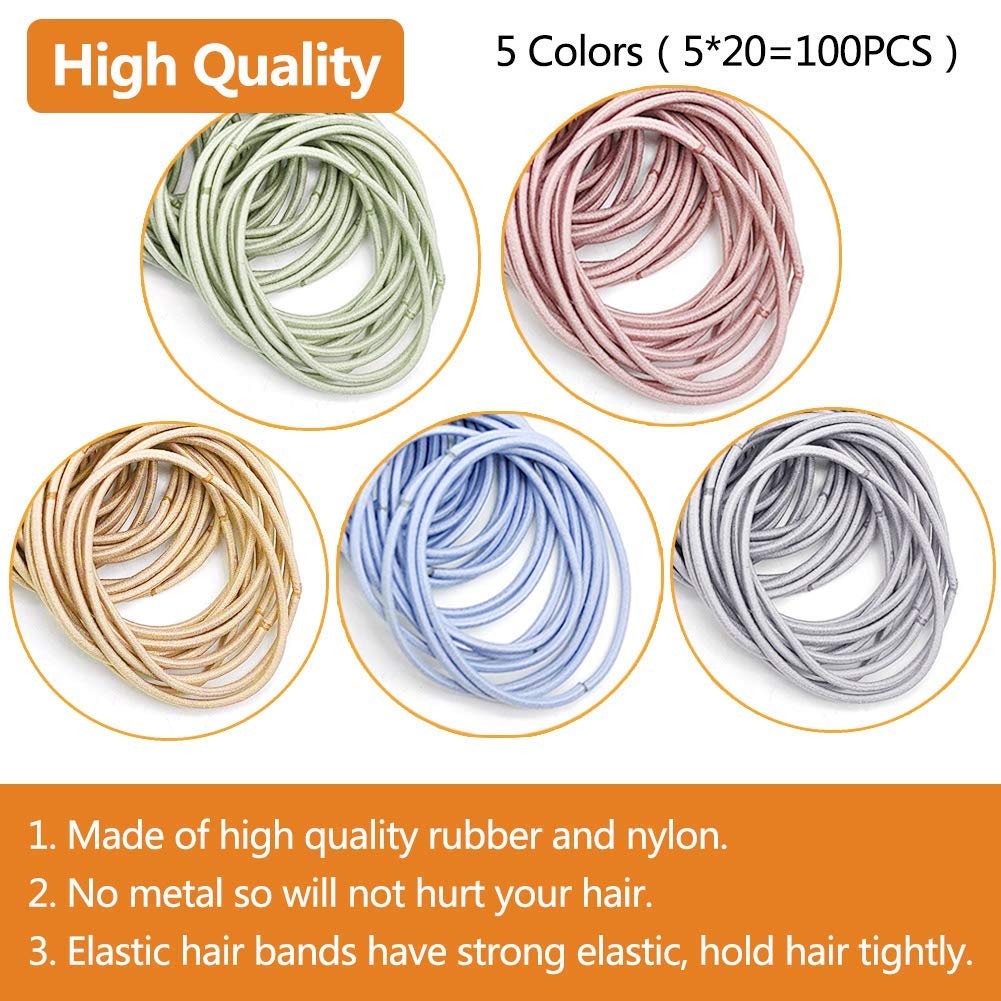 100pcs 2mm Elastic Hair Bands - No Metal Ponytail Holders, 5cm Diameter Soft Hair Ties for Women, Men & Girls (Multicolor) - Perfect for School, Work, Gym & Everyday Hairstyles