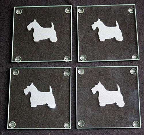 Scottish Terrier Dog Silhouette Etched Glass Coasters Set of 4 - Absorbent Drink Coasters for Home Bar, Office Desk, and Party Decor - Perfect Gift for Dog Lovers