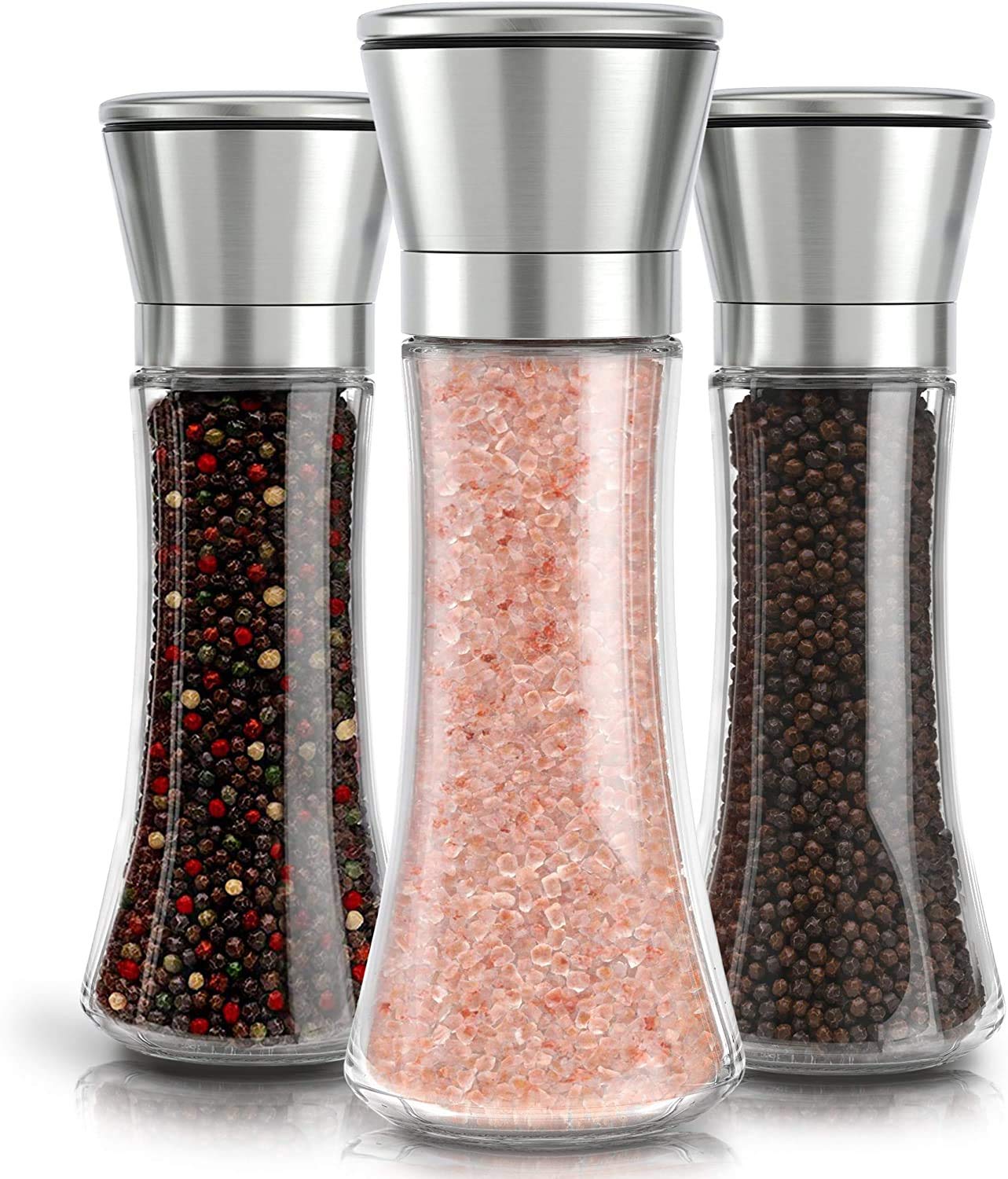 Premium Stainless Steel Salt and Pepper Grinder Set - Adjustable Coarseness, Brushed Metal & Glass Body - 3 Pack for Kitchen, Dining Table & BBQ - Perfect for Home Cooking, Restaurants & Outdoor Grilling