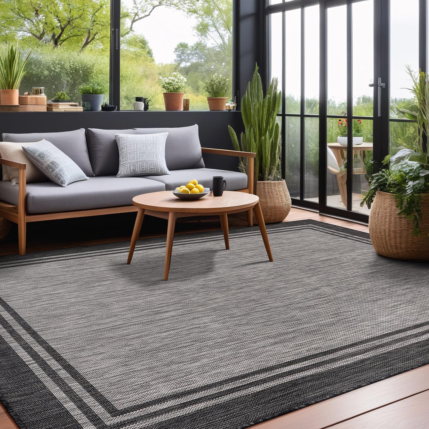 8x10 Washable Outdoor Rug - Waterproof Non-Shedding Bordered Patio Carpet for Porch, Deck & Garden - Easy Cleaning Dark Gray Area Rug - Perfect for Backyard, Poolside & Indoor Use