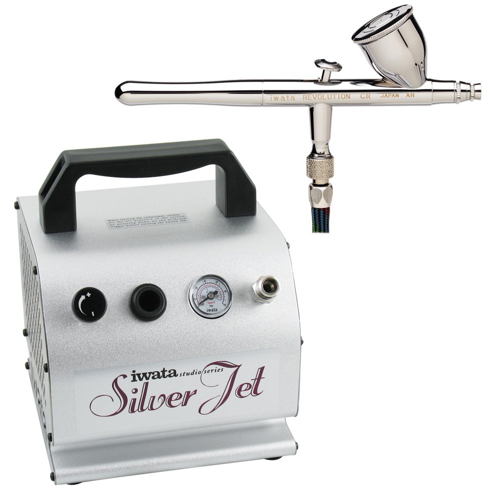 Iwata Revolution R-4500 CR Airbrush Kit with IS-50 Silver Jet Air Compressor - Professional Airbrushing for Model Painting, Tattoo Art & Cake Decorating