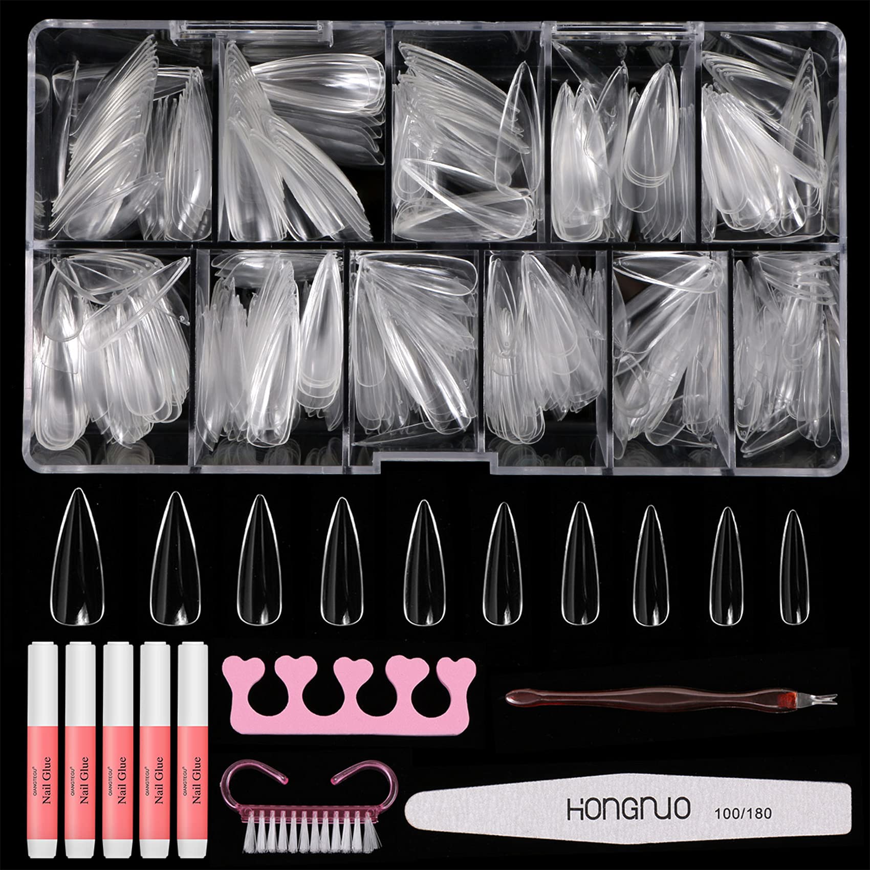 500pcs Long Stiletto Press On Nails Kit - Clear Full Cover False Nails with 5 Nail Glues, 1 Nail File & Storage Case - Acrylic Nail Extension Kit for Party, Wedding, Salon & Home Manicure