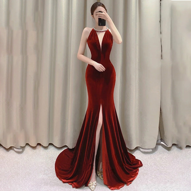 Burgundy Velvet Mermaid Evening Dress - Deep V Neck, Backless with Slit & Tassel Details | Elegant Formal Gown for Prom, Wedding Guest, Cocktail Party & Special Occasions