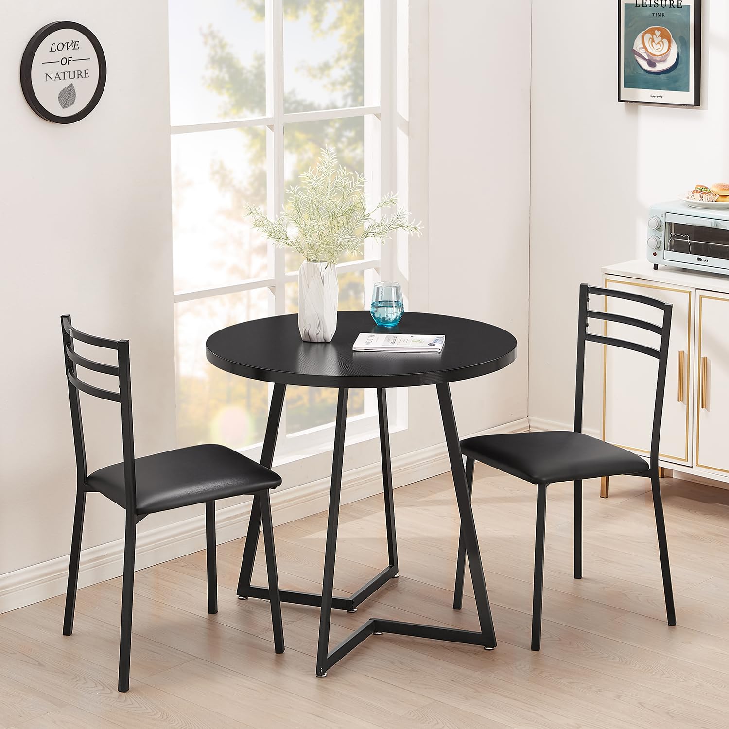 VECELO 42 Inch Round Dining Table with Wood Grain Tabletop & Sturdy Steel Frame - Perfect for Kitchen, Living Room, Office or Conference - Seats 2-4 People - Wood-Grain Black Finish - Ideal for Small Space Dining, Breakfast Nooks & Compact Meeting Areas