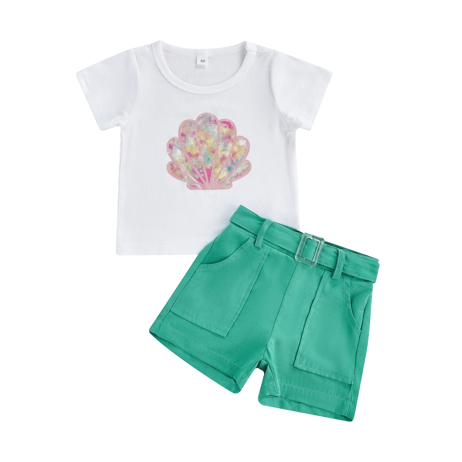 Adorable Baby Girls Summer Outfits - Short Sleeve Lollipop & Shell Print Top with Matching Shorts & Adjustable Belt | Perfect for Beach, Playdates & Summer Photoshoots