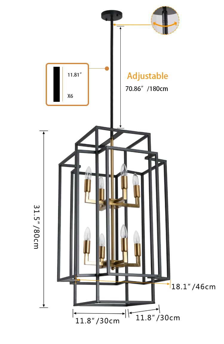 AIWEN 8-Light Farmhouse Chandelier - Square/Rectangle Candle Style Pendant Light with Black & Gold Finish - Rustic Cage Ceiling Fixture for Dining Room, Foyer, Kitchen, Living Room, Cafe & Bar Decor