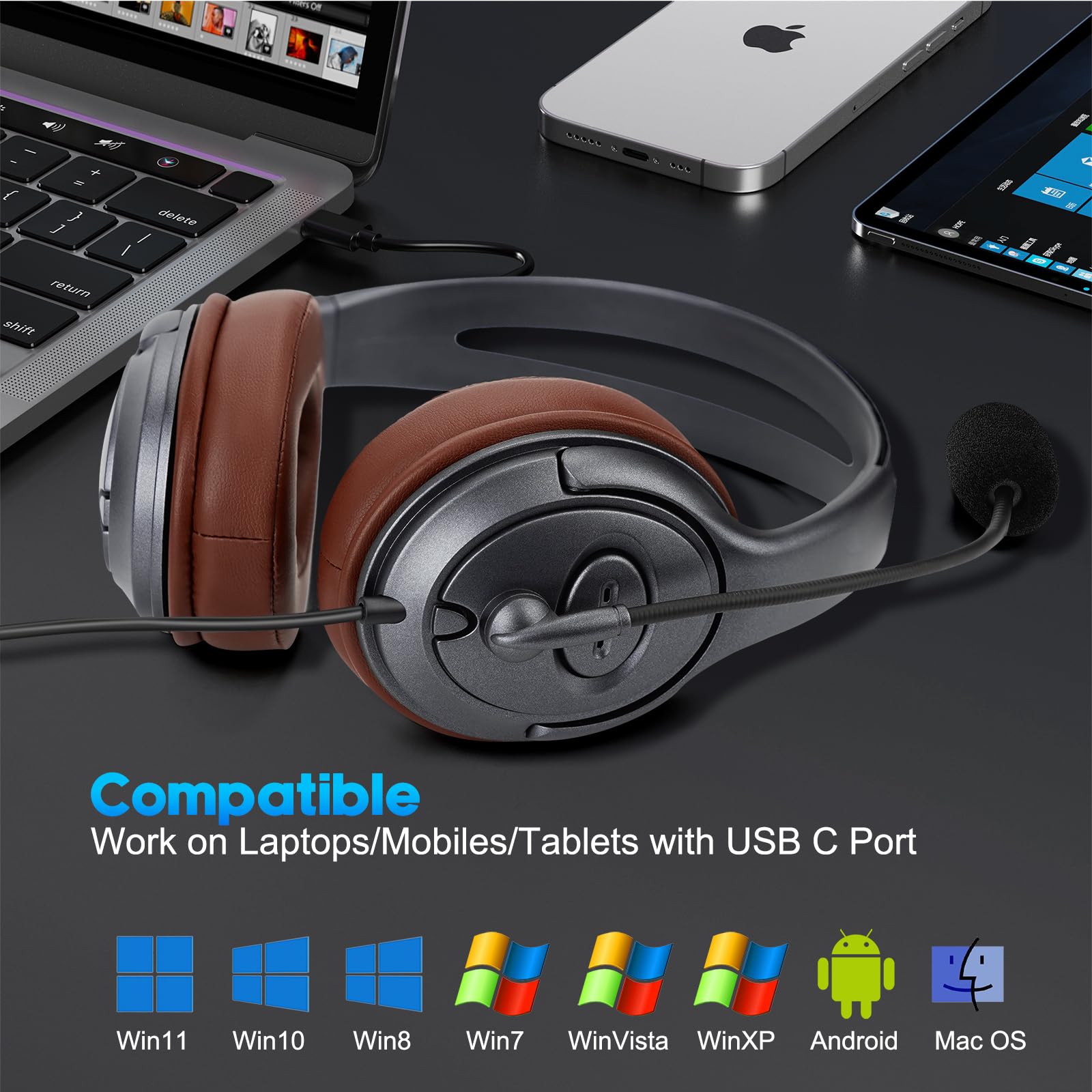 EMAIKER Gold USB Type C Headphones - Over Ear Office USB-C Headset with Noise Cancelling Mic & Volume Control - Compatible with Teams, Zoom, Google Meet, Skype - Perfect for Remote Work, Online Meetings & Dictation