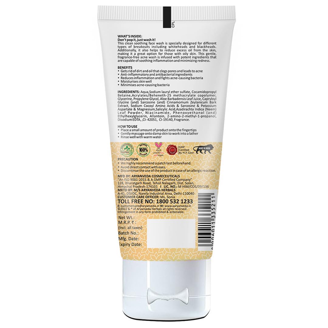 Aryanveda Anti Acne Face Wash with Neem, Tulsi & Tea Tree Oil - 100ml (Pack of 2) for Men & Women - Clears Breakouts & Prevents Pimples - Perfect for Daily Skincare Routine & Oily Skin Care