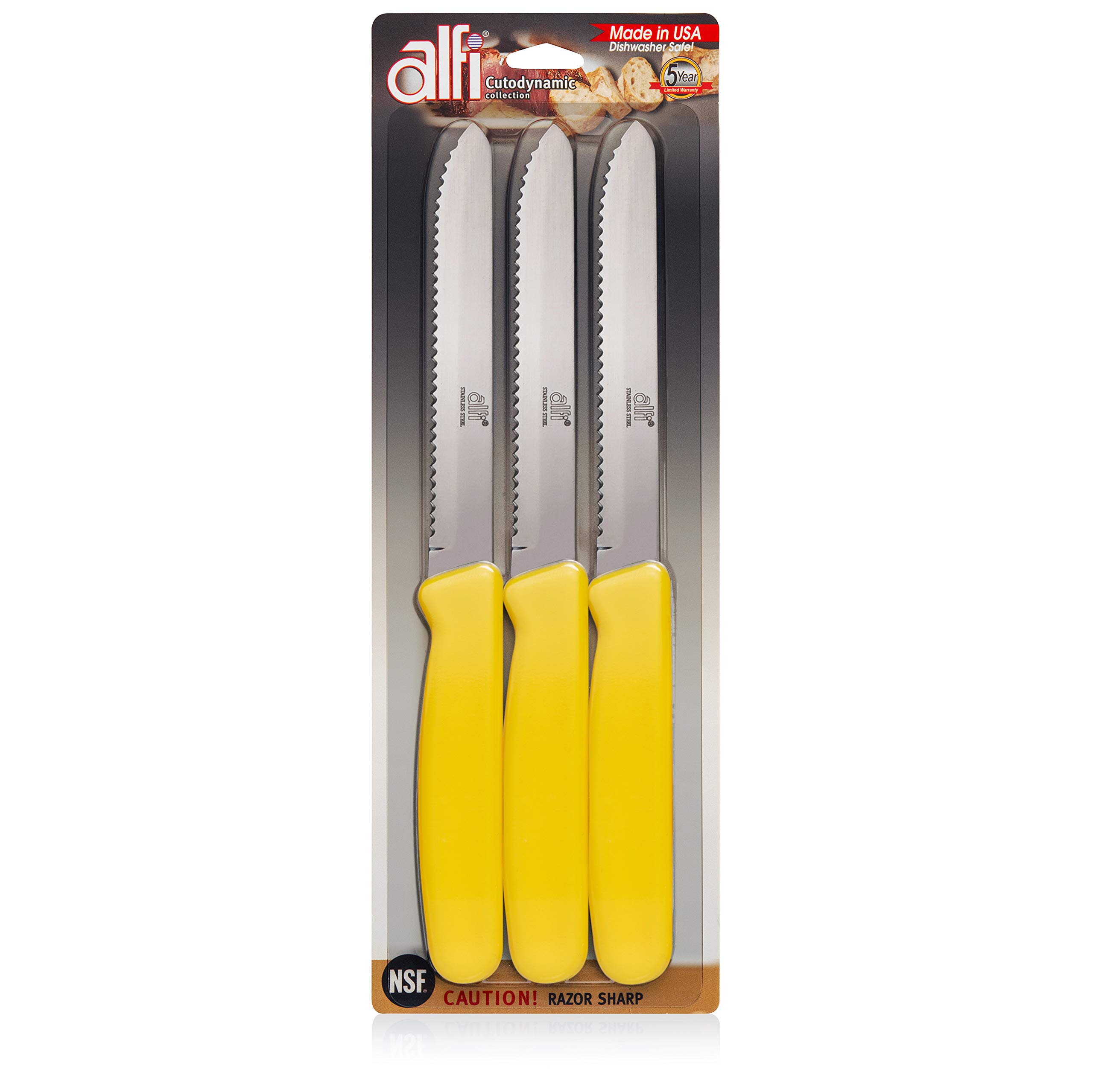 Alfi Premium 3-Piece Serrated Steak Knives Set - Aerospace Precision Rounded Tip All-Purpose Kitchen Knives - Made in USA (Sunny Yellow) - Perfect for Dining, BBQ, and Home Kitchen Use