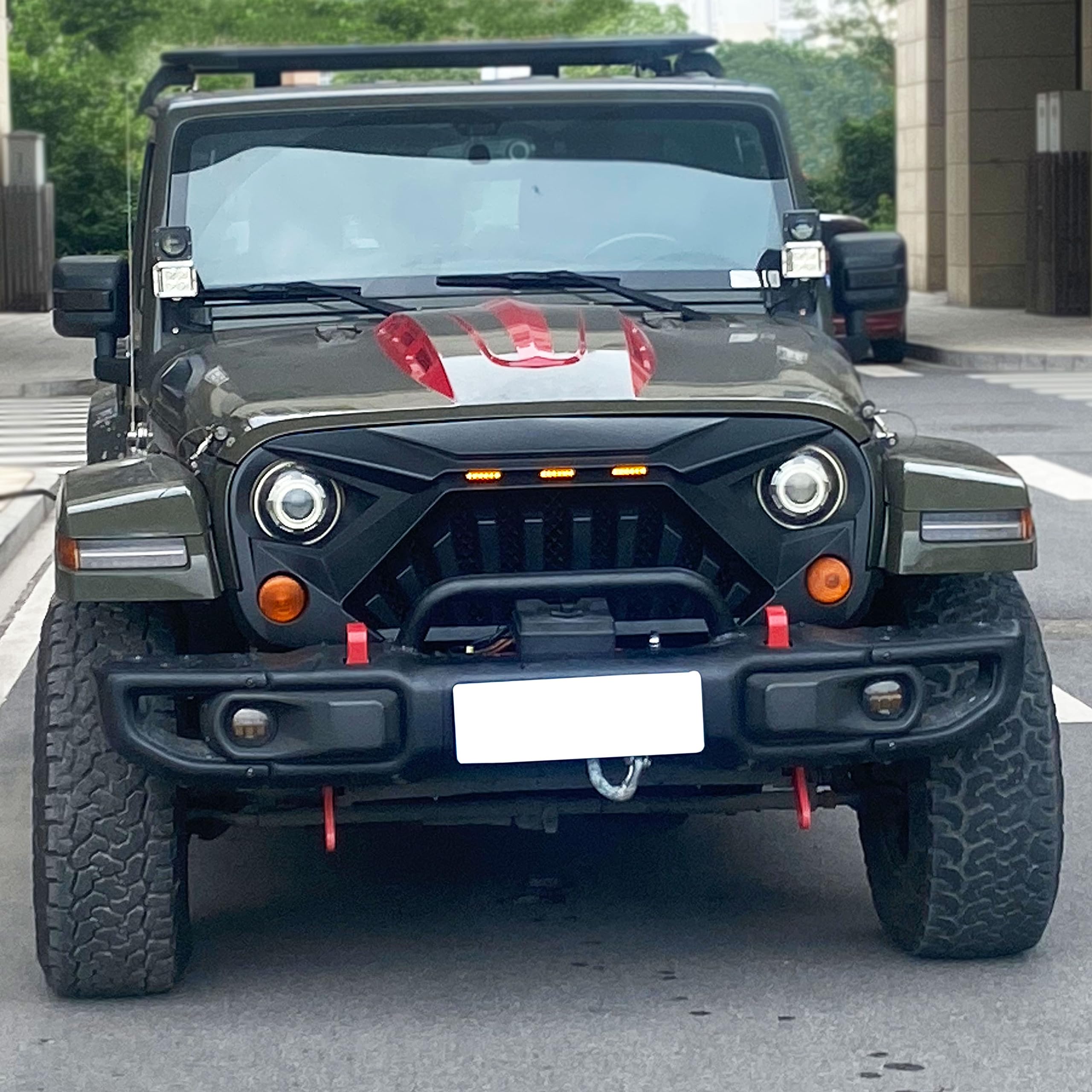 2007-2017 Jeep Wrangler JK & JKU Front Grill Replacement with LED DRL Lights & Wiring Harness - Fits Rubicon/Sahara/Sport Models | Off-Road Upgrade & Street Legal Lighting Accessory