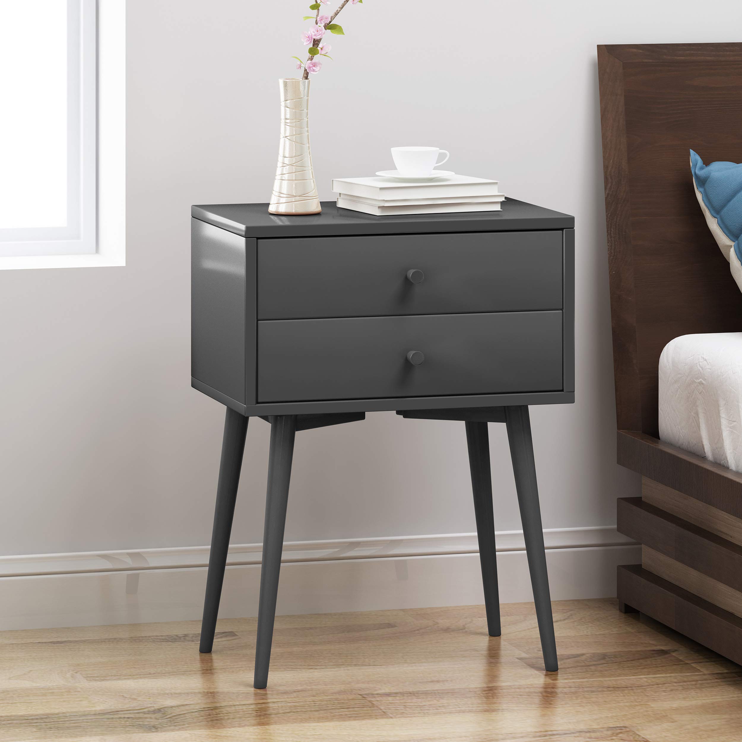 Verna Mid-Century Modern Side Table - Dark Gray Wood Nightstand for Living Room, Bedroom & Office | Compact End Table with Sturdy Metal Legs | Perfect for Small Spaces, Reading Nook & Coffee Table Companion