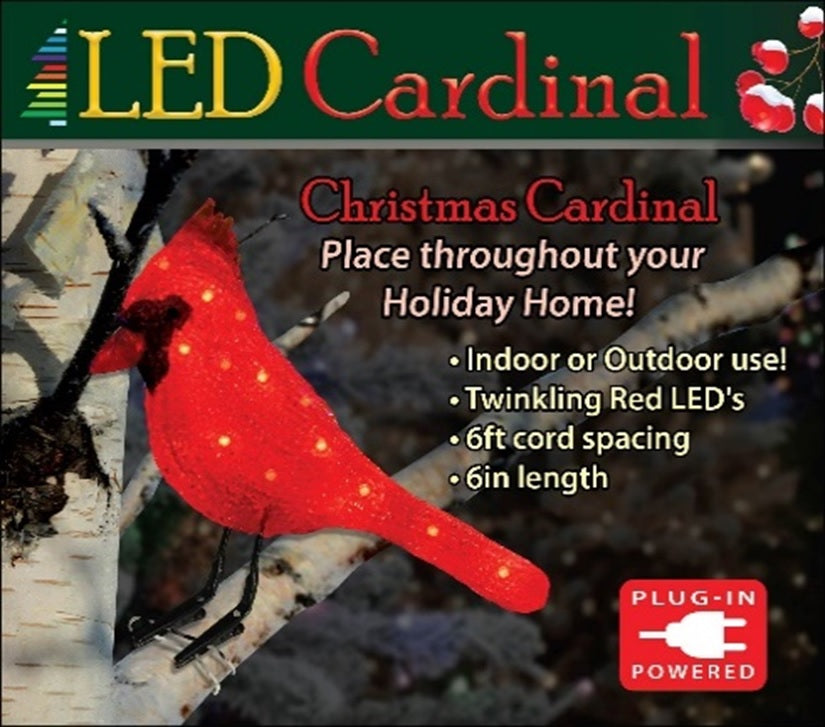 6 LED Red Cardinal Bird Christmas Decorations with Clipped Feet - Outdoor/Indoor Holiday Decor for Yard, Garden, Tree, and Home