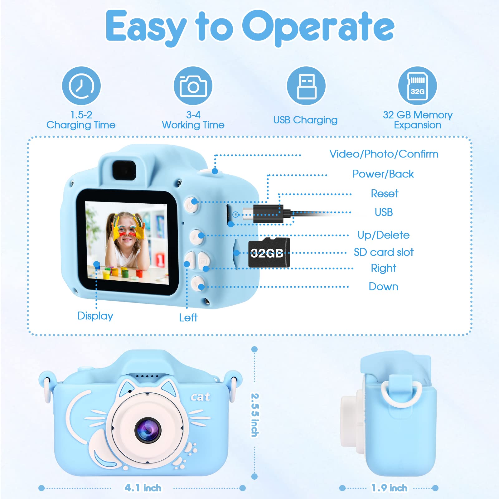 Kids Digital Camera with Dual Lens & 32GB Card - Selfie Camera Toy for Boys & Girls Ages 4-12 | Christmas Birthday Gift | MP3 Player | Fun Learning Camera for Toddlers (Blue) - Perfect for Travel, Parties & Creative Play