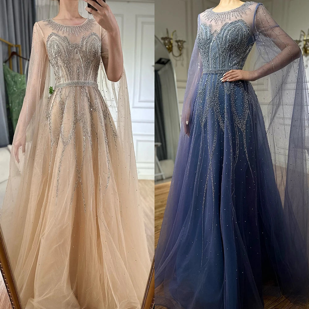 Elegant Nude Blue Beaded Long A-Line Arabic Evening Dress with Cape Sleeves for Dubai Luxury Formal Occasions - LA72785 | Perfect for Weddings, Galas, and Special Events