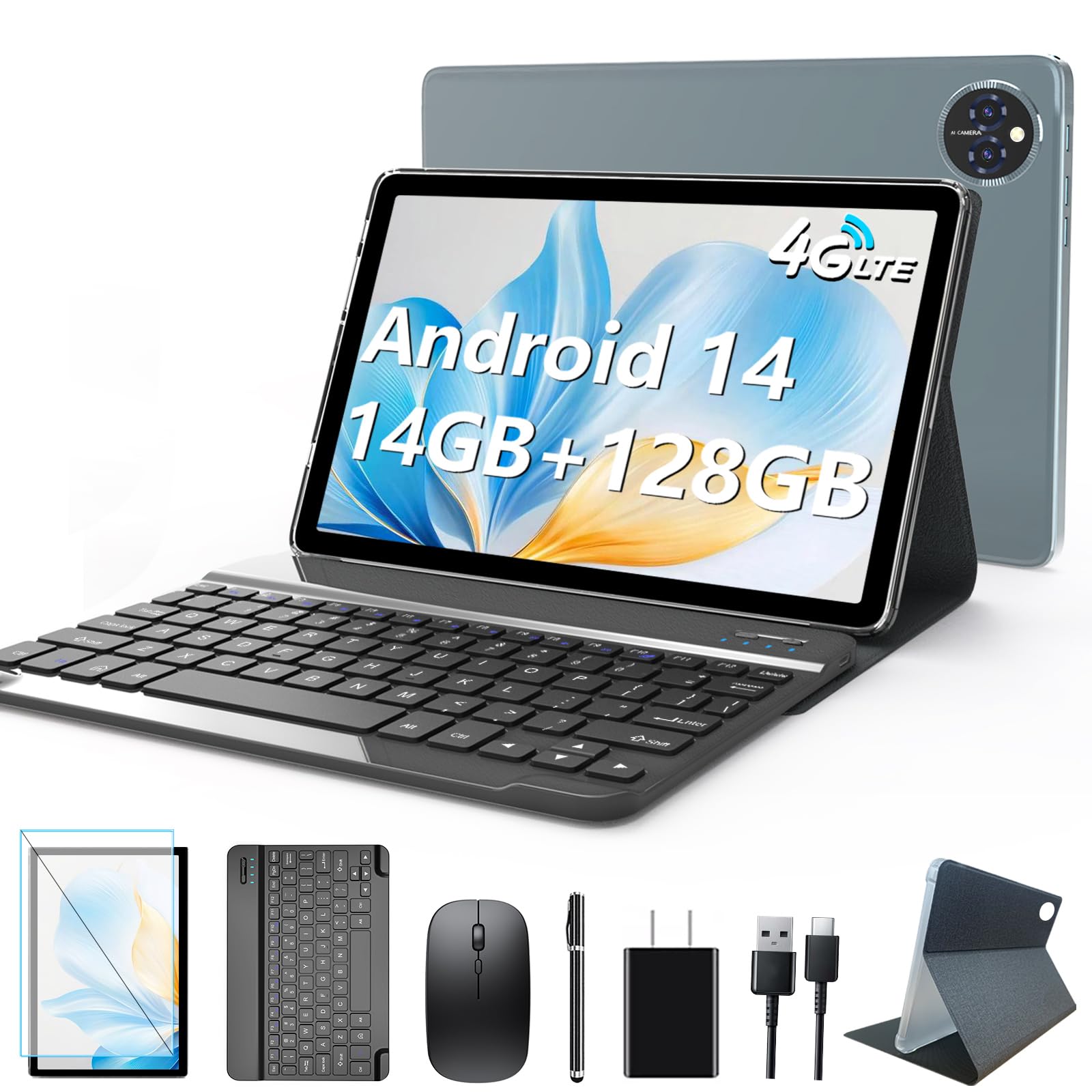 Android 14 10-Inch 4G LTE Tablet - Octa-Core Processor, 128GB ROM + 14GB RAM (8+6), 1TB Expandable Storage, 5G WiFi, 8000mAh Battery, Bluetooth 5.0, 13MP+8MP Dual Camera - Includes Keyboard & Protective Case (Gray) - Perfect for Work, Study, and Entertainment On The Go