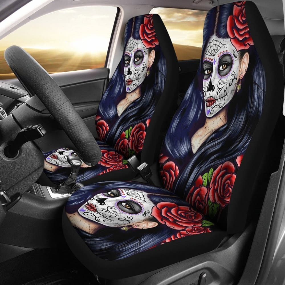 2 Pcs Sugar Skull Girl Car Seat Covers - Gothic Mexican Day of the Dead Design - Universal Fit for Most Vehicles - Perfect for Halloween, Dia de los Muertos & Car Decor