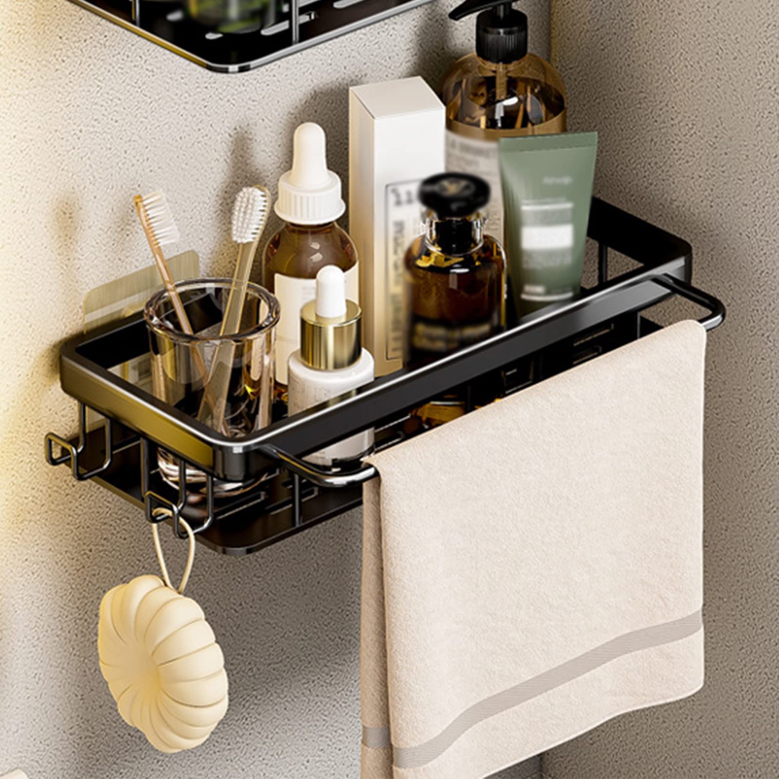 No-Drill Rustproof Shower Caddy Shelf Organizer - Adhesive Bathroom Storage Rack with Hooks for Bathroom, Toilet, Kitchen & RV - Perfect for Small Spaces, Camping & Apartment Living