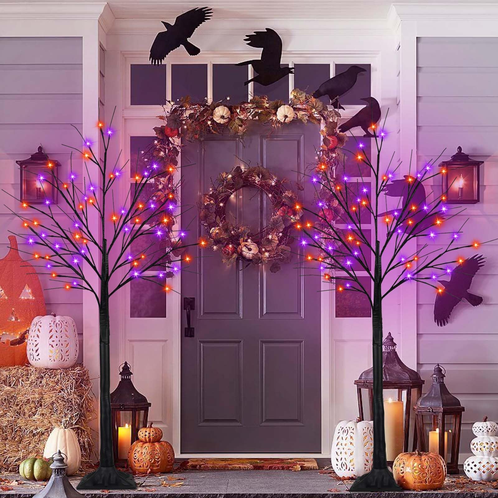 2-Pack 6FT 300LED Black Halloween Tree Lights with Timer - Purple & Orange Spooky Lights for Indoor/Outdoor Halloween Decorations | Perfect for Yard, Porch, Party & Haunted House Displays