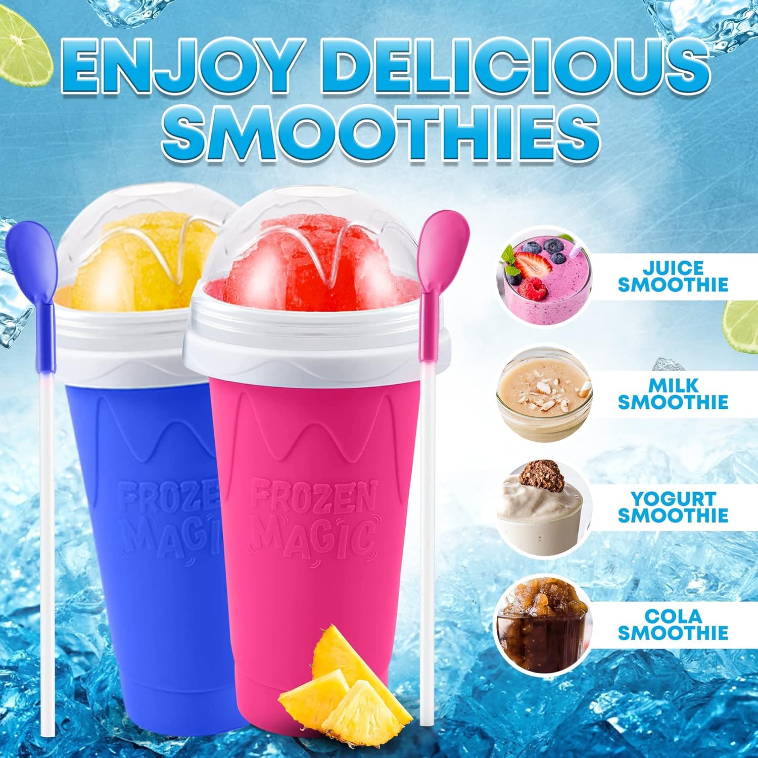 2 Pack Magic Slushie Cup - Instant Frozen Slushy Maker, Double-Layer Reusable Drink Cup for Homemade Slushies, Smoothies & Summer Beverages - Perfect for Parties, BBQs & Outdoor Activities